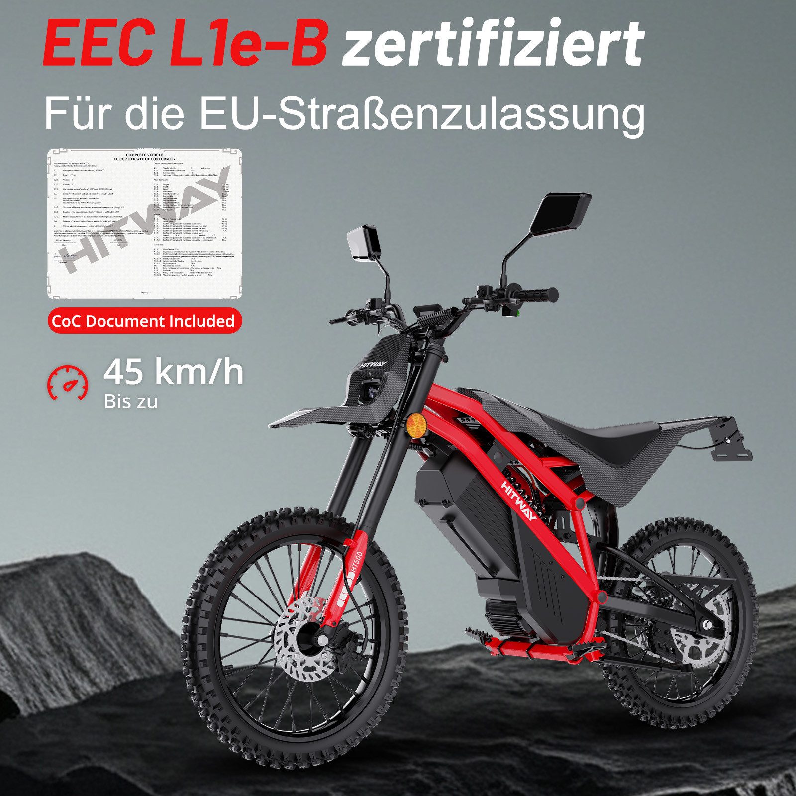 HITWAY E-Motorrad HT500 Elektro Motorrad (EEC L1e-B), 60V 27Ah, Hydraulikscheibenbremsen, 4000 W, 45 km/h, 238 Nm Rad-Drehmoment, 45–60 km Reichweite, Seitenständer-Abschaltung