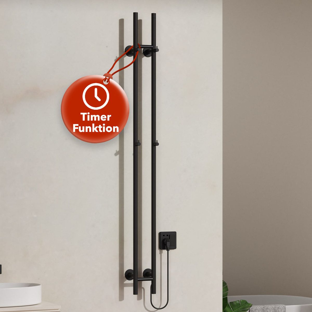 Belvit Elektrischer Badheizkörper Handtuchwärmer 150x17 cm mit 4 Handtuchhaken mit Timer & 2 Heizstufen, 120W, Wandmontage mit Montagematerial, Handtücher trocknen & wärmen