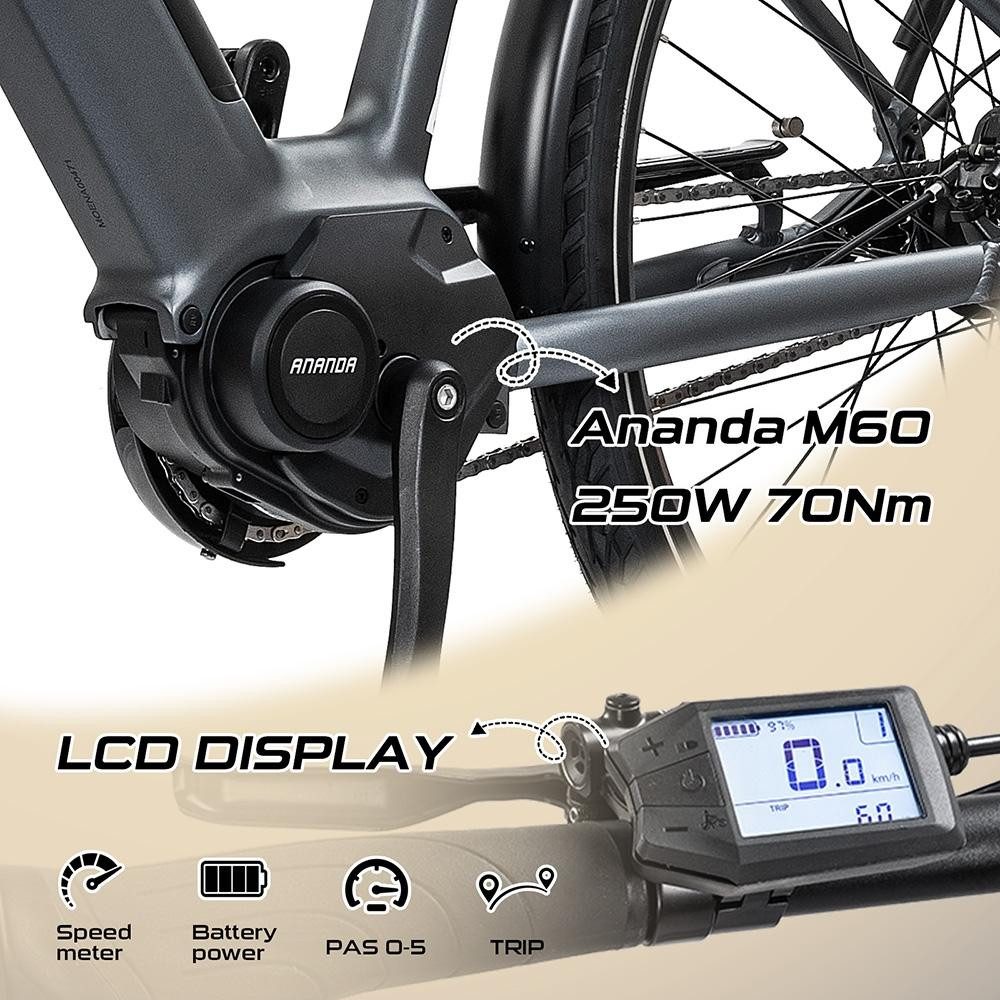 REX E-Bike Rex Commuter+,28 zoll, Cityrad, Pedelec mit 36V 13Ah Akku, 468Wh, SHIMANO, Mittelmotor, (Bis 120 kg belastbar, 250W Mittelmotor, mit Scheibenbremse, ca.120 km Reichweite), Shimano 7-Gang-Nabenschaltung, für Damen u. Herren, Grau