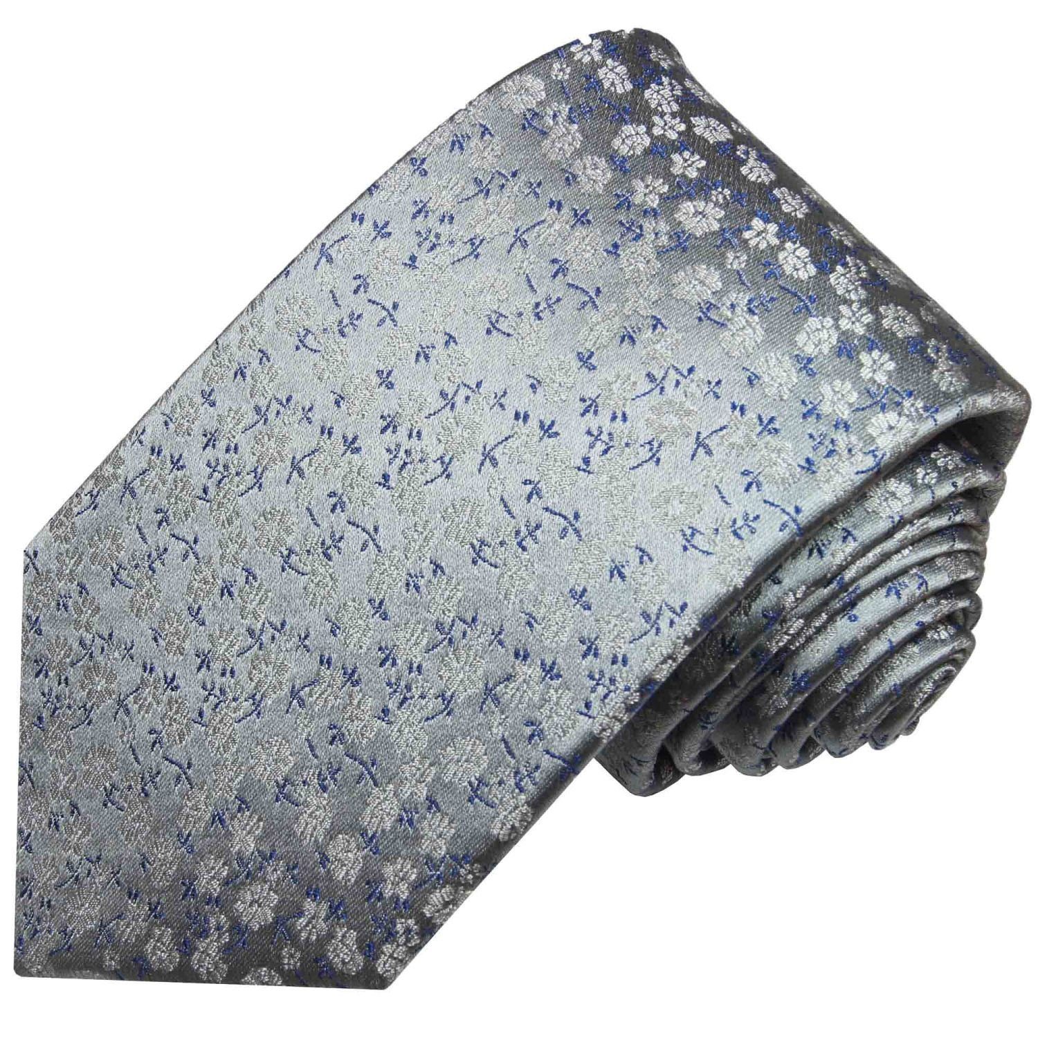 Paul Malone Krawatte (6cm), Designer modern geblümt Schlips blau Seidenkrawatte Seide 100% Herren Schmal 2121 silber