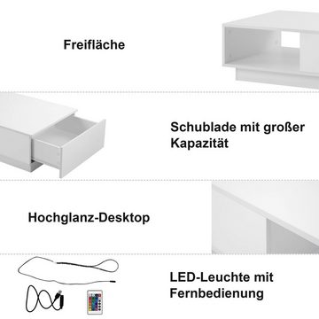 Ulife Couchtisch Weiß Wohnzimmertisch Sofatisch Farbwechsel LED-Beleuchtung, Mit großen Stauraum und 1 Schublade
