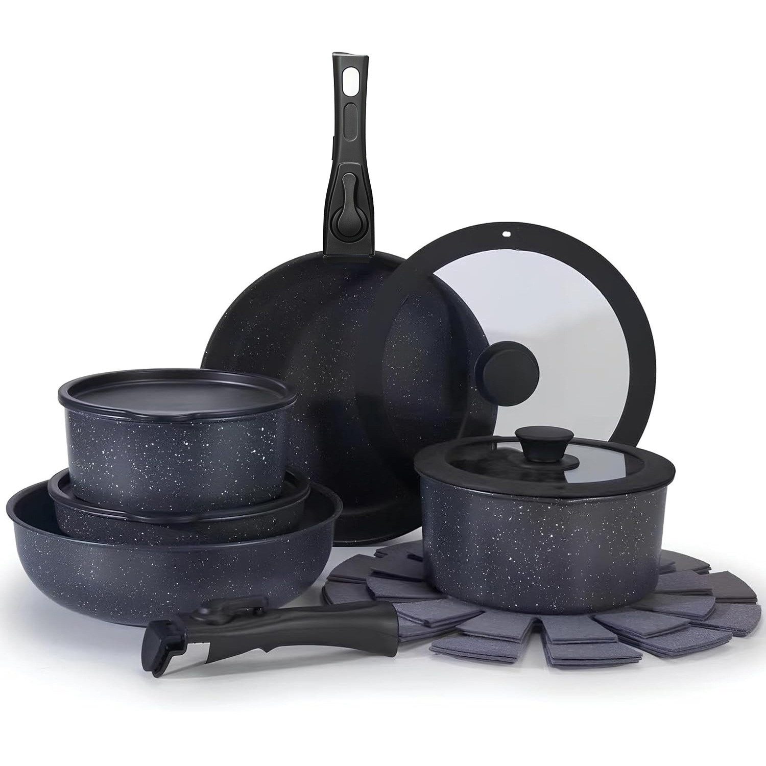 PFCTART Topf-Set Pfannenset 15-tlg. mit Griff – Kochtopf & Topfset Induktion geeignet, Aluminium, Granit (Set, 15-tlg., Für alle Herdarten inkl. Induktion – backofengeeignet bis 220 °C), Platzsparend stapelbar & leicht zu reinigen – ideal für kleine Küchen