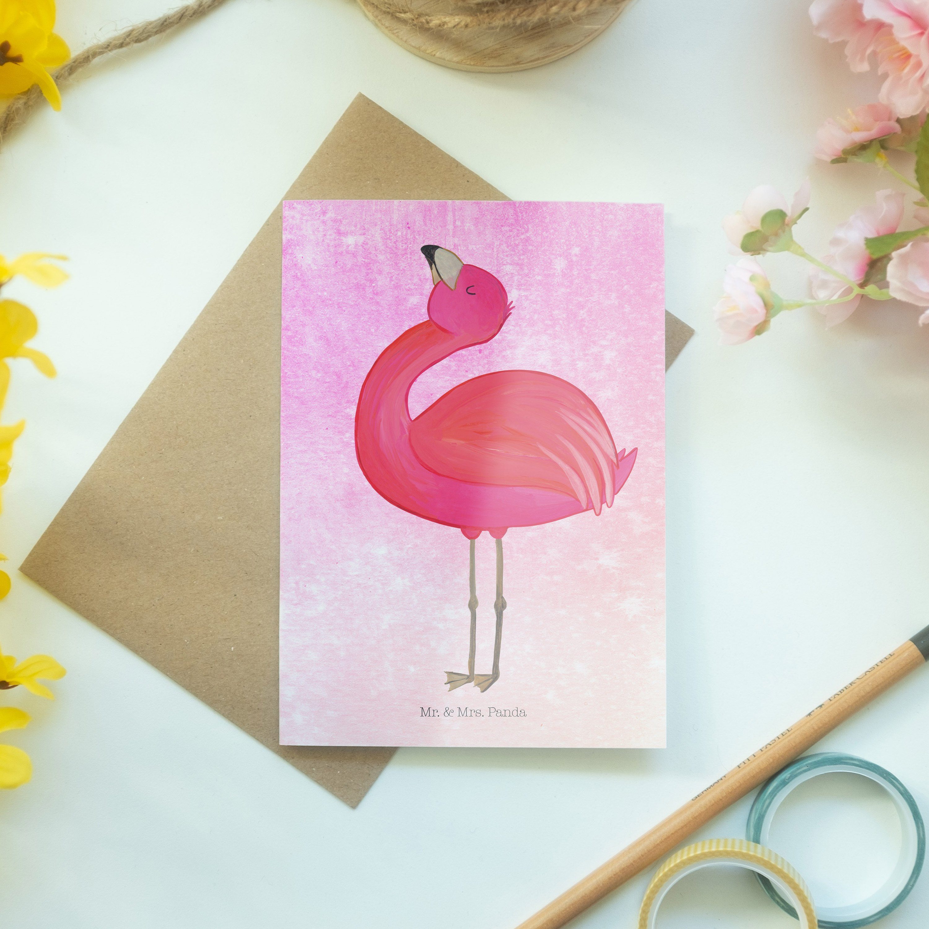 & Geschenk, Pink Panda - Mr. Mrs. Selbstl Grußkarte - Karte, stolz Aquarell Klappkarte, Flamingo