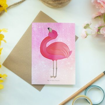 Mr. & Mrs. Panda Grußkarte Flamingo Stolz - Aquarell Pink - Geschenk, Glückwunschkarte, Einladun, Hochglänzende Veredelung