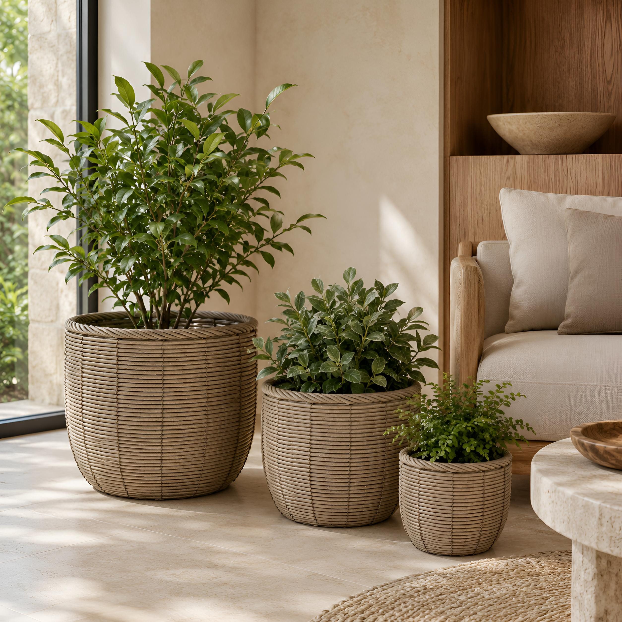 colourliving Blumentopf Gala Pflanzkübel Rattan 3er-Set – Große Indoor Blumentöpfe Naturgrau (3 St), Integrierter Folieneinsatz, dekorative Flechtoptik