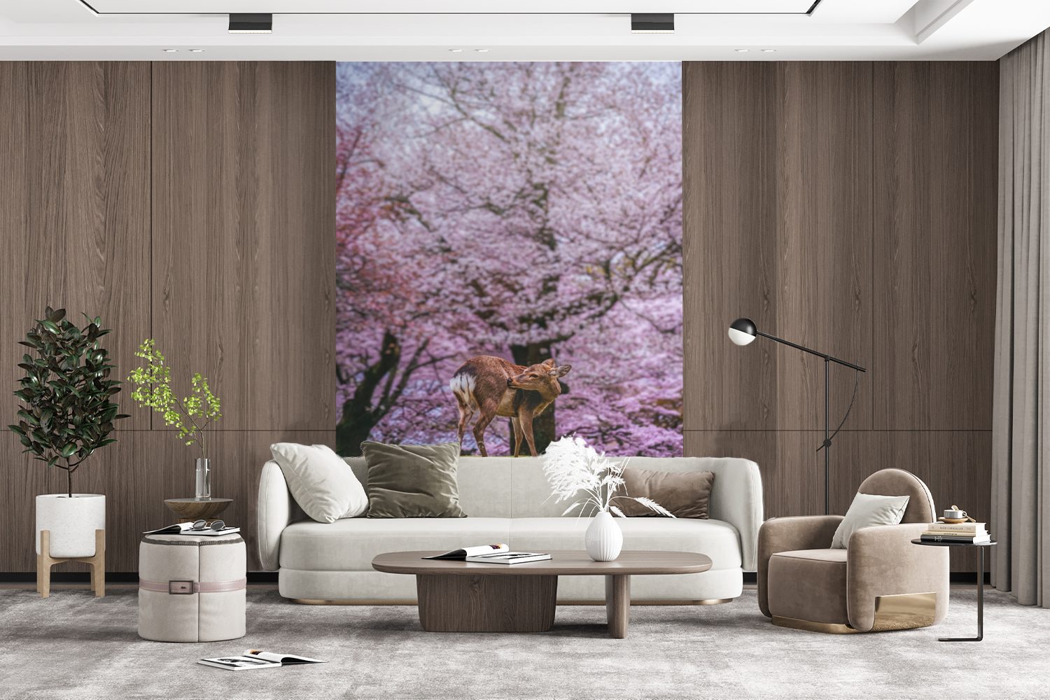 mit Ein Wandtapete (3 für großen Fototapete Montagefertig Wohnzimmer, einer Tapete MuchoWow Vinyl Park Sakura, Matt, bedruckt, St),