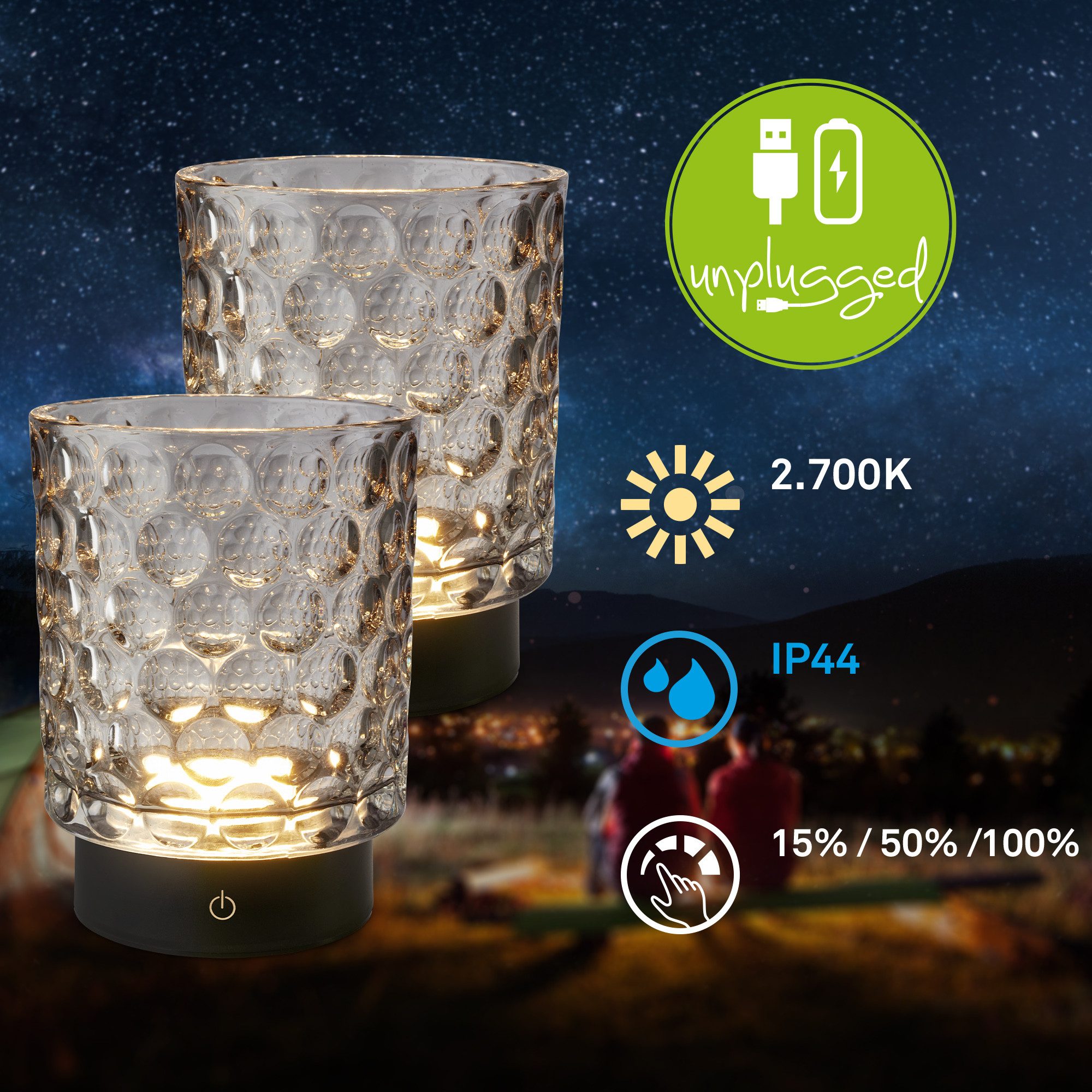 Briloner Leuchten LED Außen-Tischleuchte SUNORA, Dimmfunktion, LED fest integriert, Warmweiß, kabellos 15 x 11 cm Grau 2W Wohnzimmer Flur Outdoor Aussen 2er-Set
