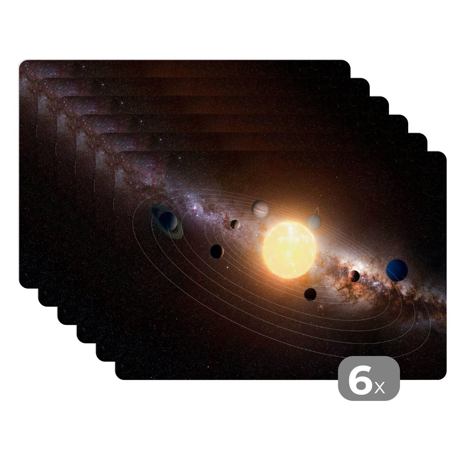 Platzset, Eine Illustration des Sonnensystems mit der Sonne im Zentrum, MuchoWow, (6-St), Platzset, Platzdecken, Platzmatte, Tischmatten, Schmutzabweisend