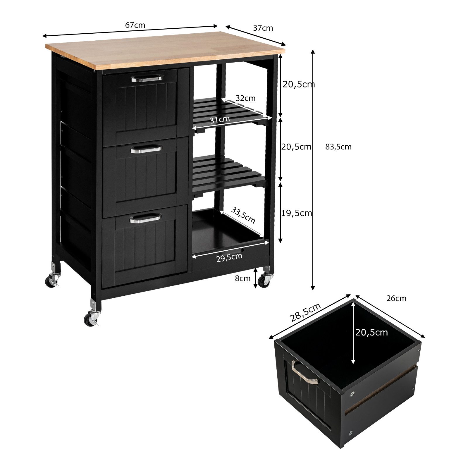 COSTWAY Küchenwagen, mit Tablett, 3 Schubladen, rollbar, 67x37x82,5cm