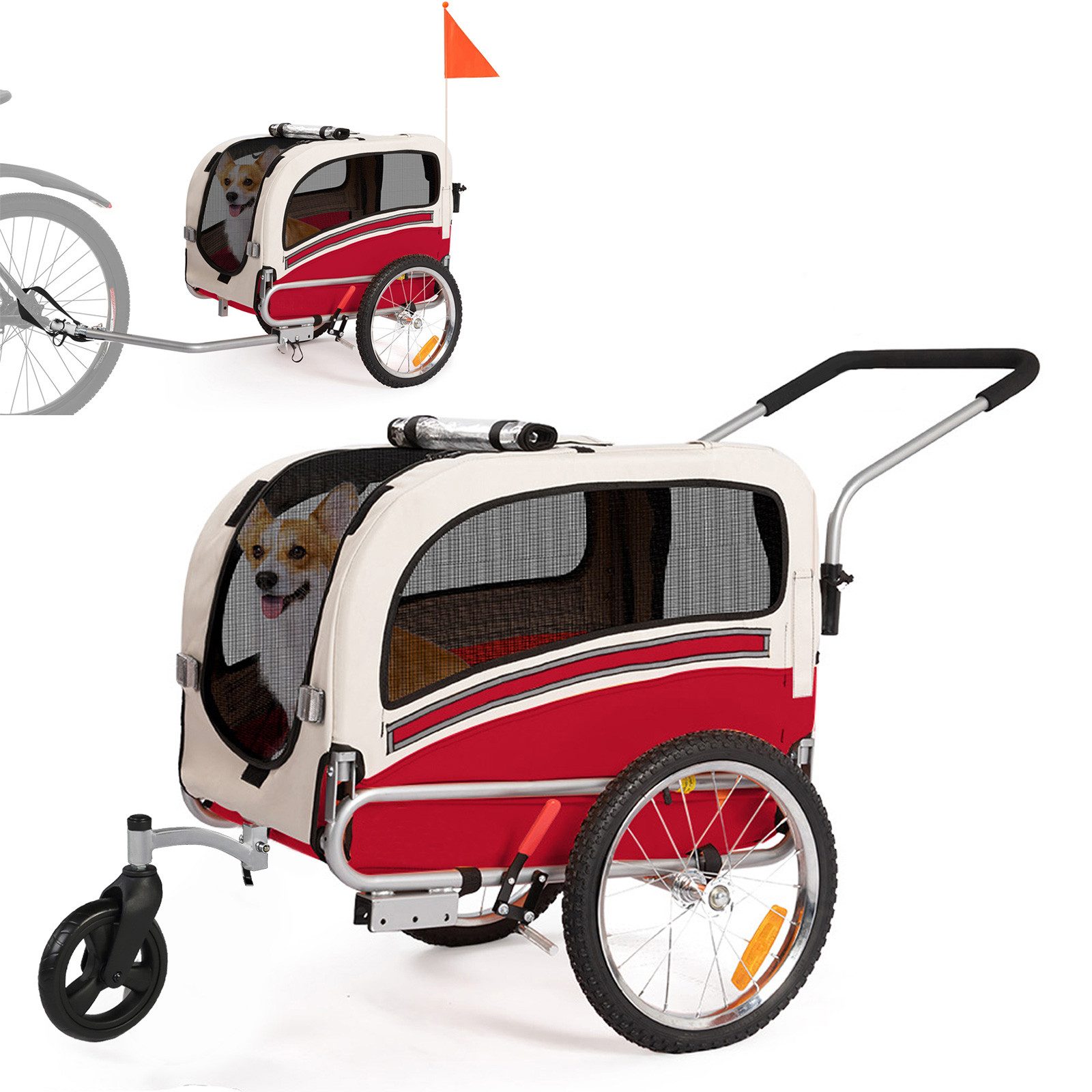 FANNOU Fahrradhundeanhänger 68 x 43 x 51 cm (LxBxH), 2 in1 Fahrradanhänger Haustier Transportwagen, bis zu 30kg tragen