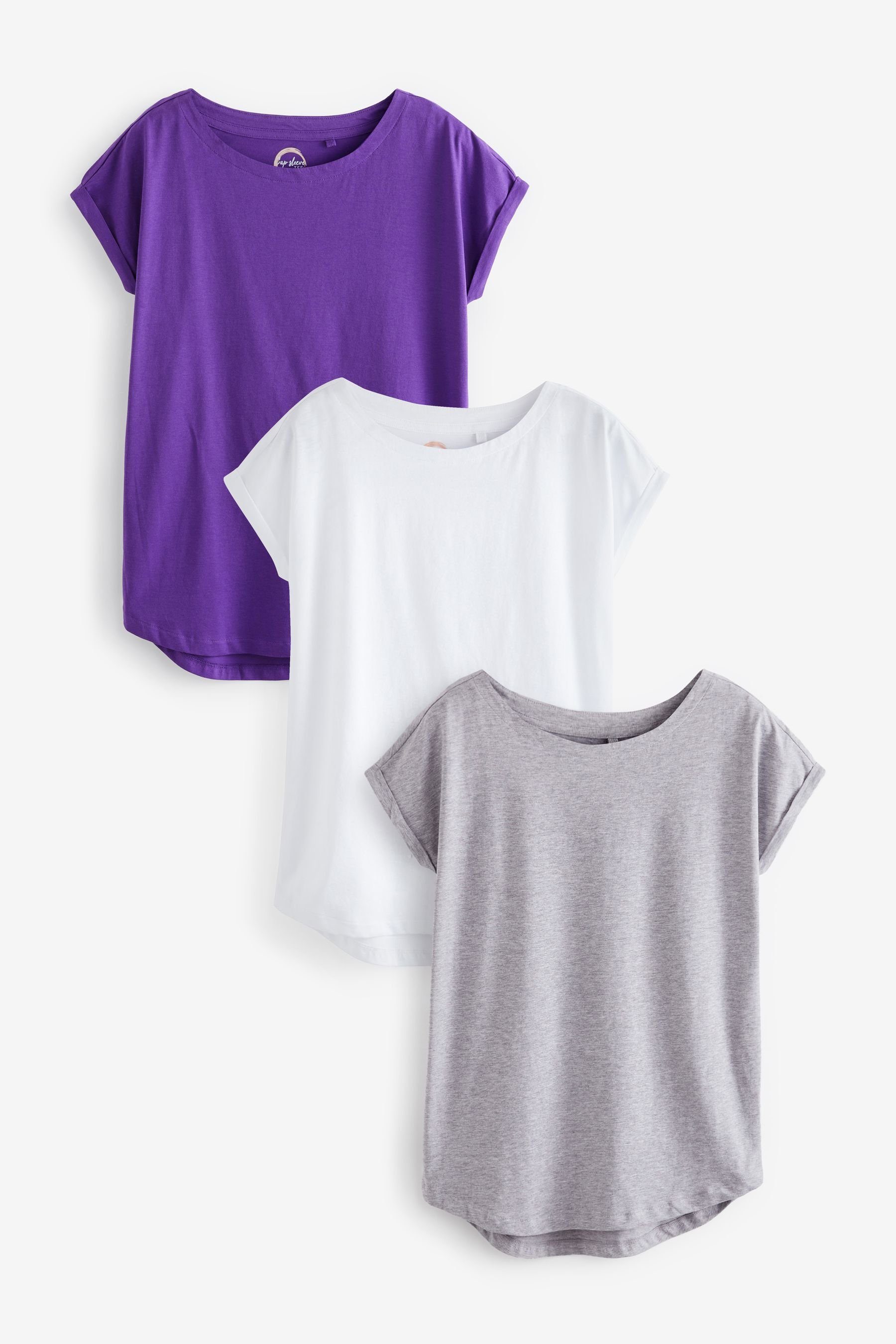 3er-Pack mit T-Shirts Grey T-Shirt (5-tlg) Flügelärmeln, Next Marl/Purple/White