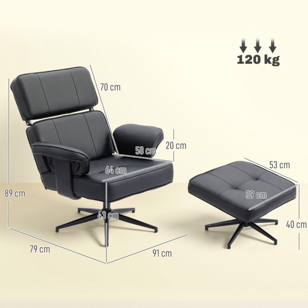MODFU Relaxsessel Verstellbarer Liegesessel mit Fußhocker Kunstleder (höhenverstellbare Kopfstütze, Metallbasis, Komfortsessel, 2-St., Relaxsessel mit Hocker), Schwarz für Wohnzimmer Büro Relaxsessel