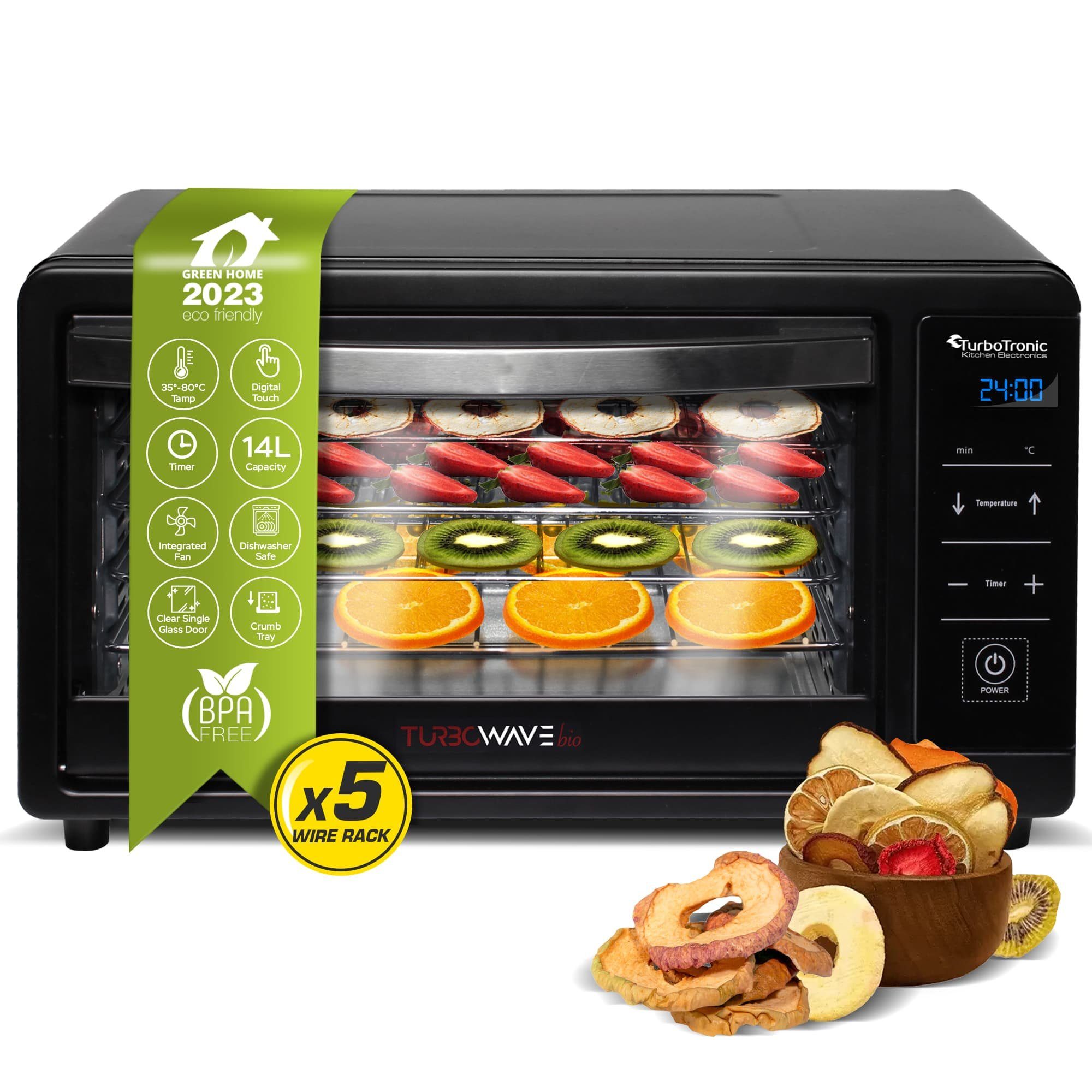 TurboTronic by Z-Line Dörrautomat TurboWave BIO Digital Komplett aus Metall KEIN PLASTIK! Dörrer 35-80°C 350 W, 5 Etagen, Dehydrator 14L Obsttrockner Trockenfleisch Dörrgerät inkl Rezeptheft