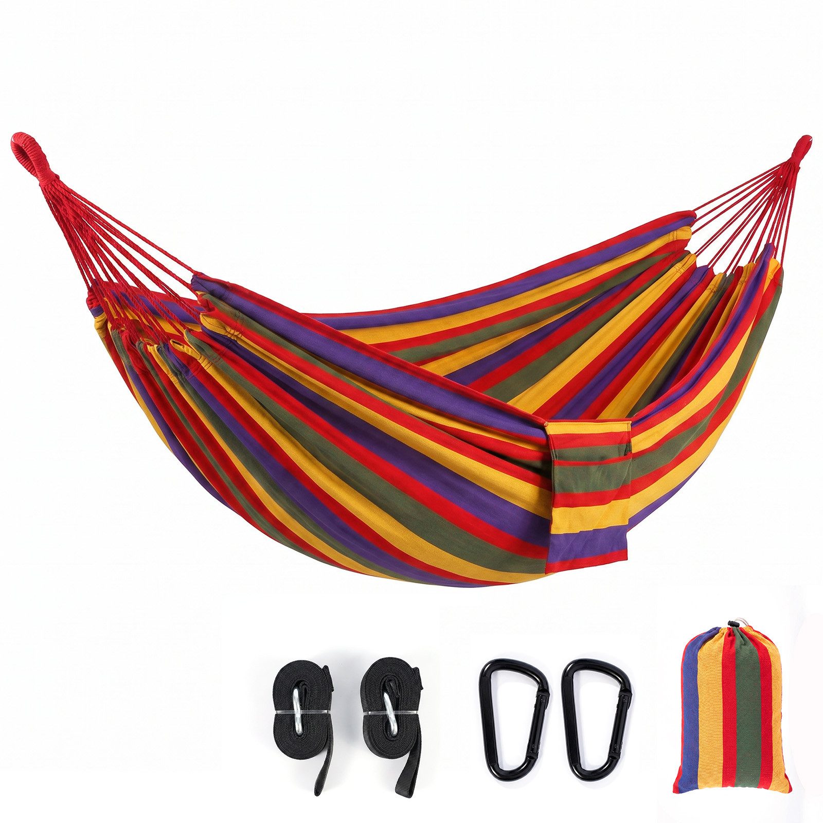 Sekey Hängematte mit Karabinern Tragetasche aus Baumwolle Doppelhängematte für Outdoor, bis 200 kg belastbar, für Garten, Balkon, Terrasse, Indoor und Camping