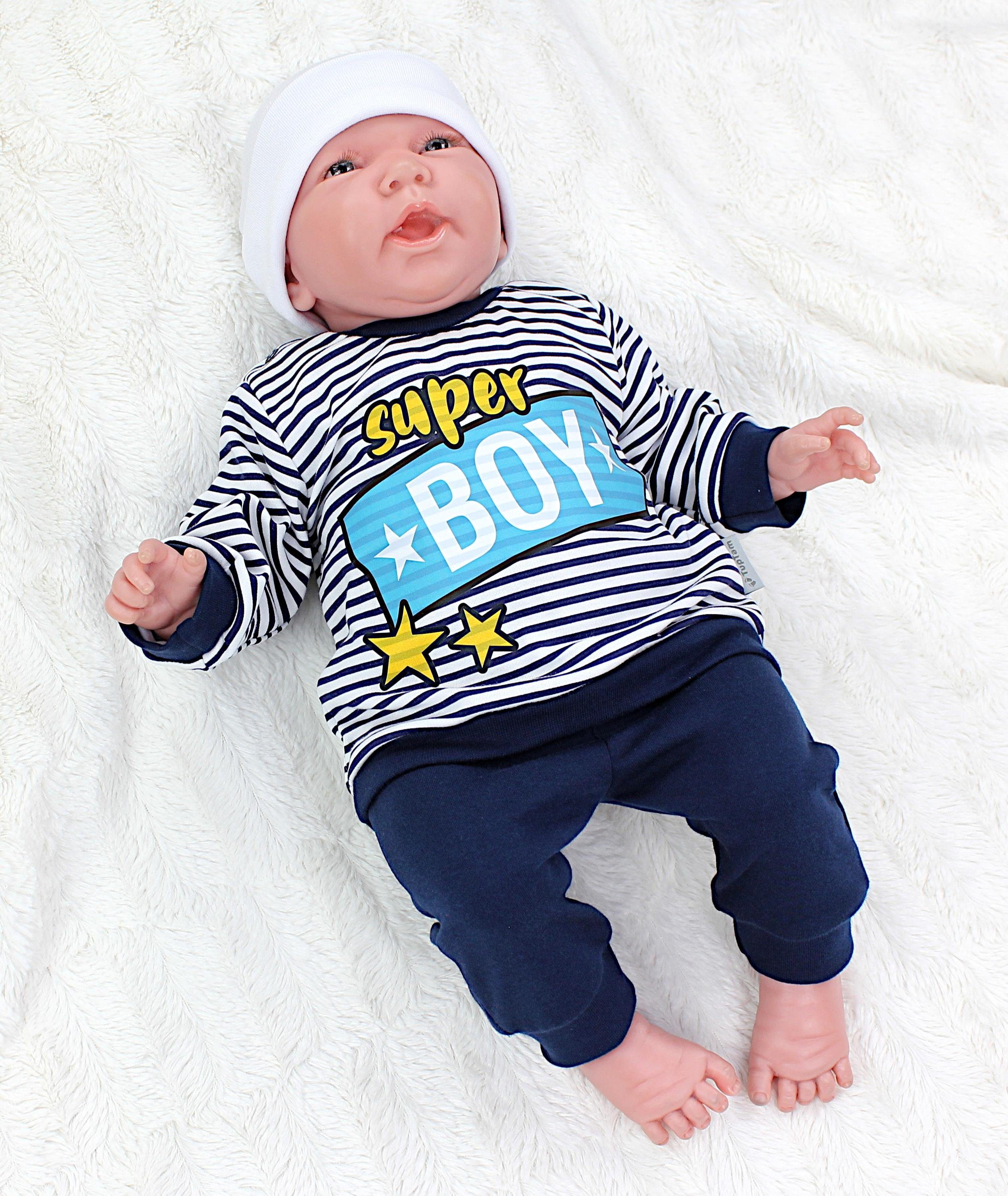 TupTam Erstausstattungspaket Print Spruch mit Super Streifen Dunkelblau Outfit Babykleidung / Baby Langarmshirt Boy Jungen Babyhose Weiß