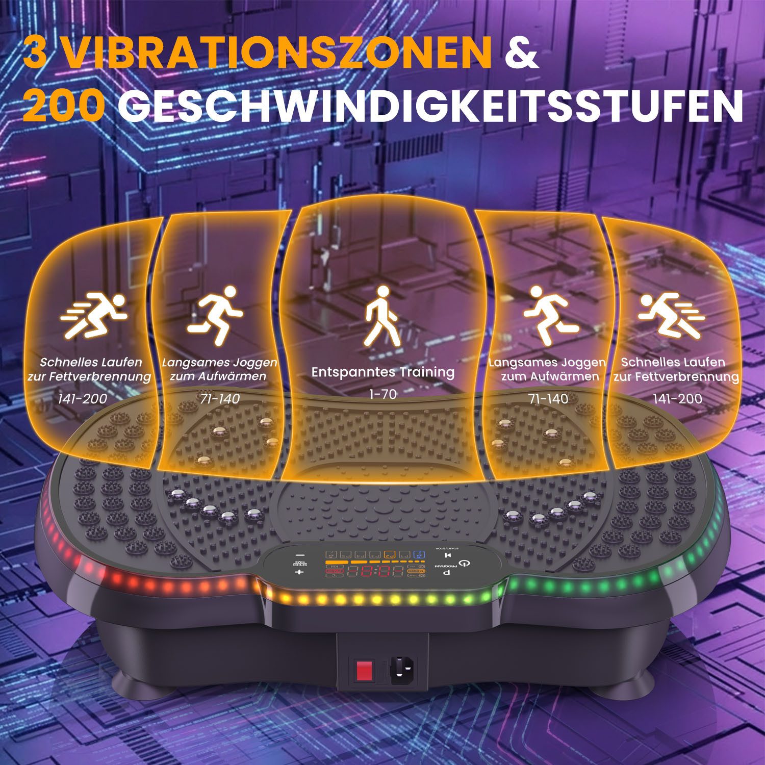 Dskeuzeew Vibrationsplatte Vibrationsplattform mit bürstenloser Motor 200 W - 9 LED-Leuchten, 200 W, 200 Intensitätsstufen, (Set, Tragkraft 150 kg - inkl. Trainingsbänder), Mit Springseil und robustem Trainingsband