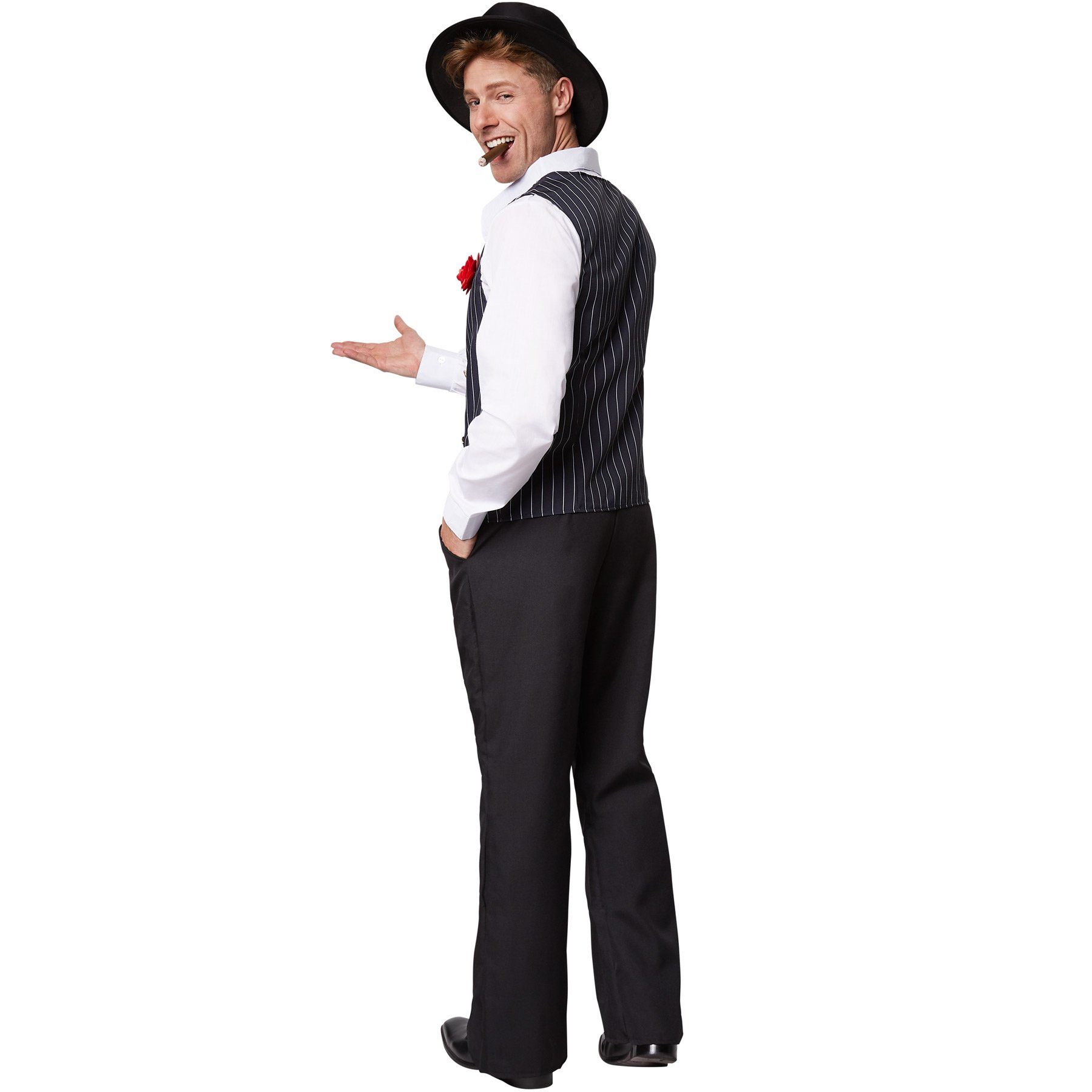 dressforfun Kostüm Edelmann/Kavalier, in der Farbe schwarz/weiß, Gr. XXL, Inkl. Hut, Langarm-Hemd, Hose, Weste mit Nadelstreifen, Knöpfe und Kunstblume