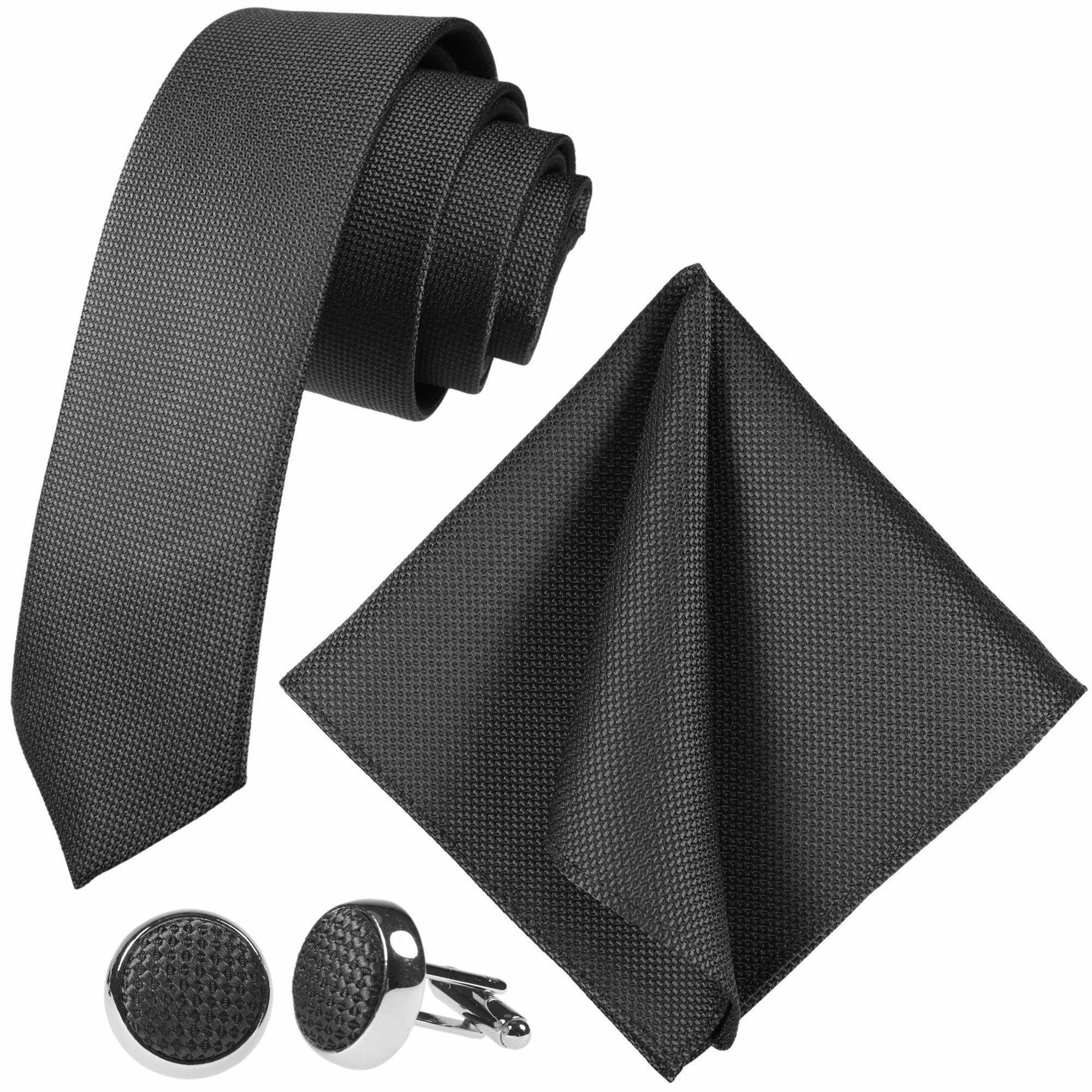 Schwarz Seide-Touch Manschettenknöpfe, Karo, Pique, (6cm), Tie, Dünn, Matt, Länge) Fit, 3-St., Hochzeitskrawatte Schmal mit Fein Herren-Krawatte Slim Extra Festlich, Krawattenset, Einstecktuch, Skinny GASSANI Sakko Krawatte Grid, zum Schlips Klein-Kariert, Hochzeit (Set,