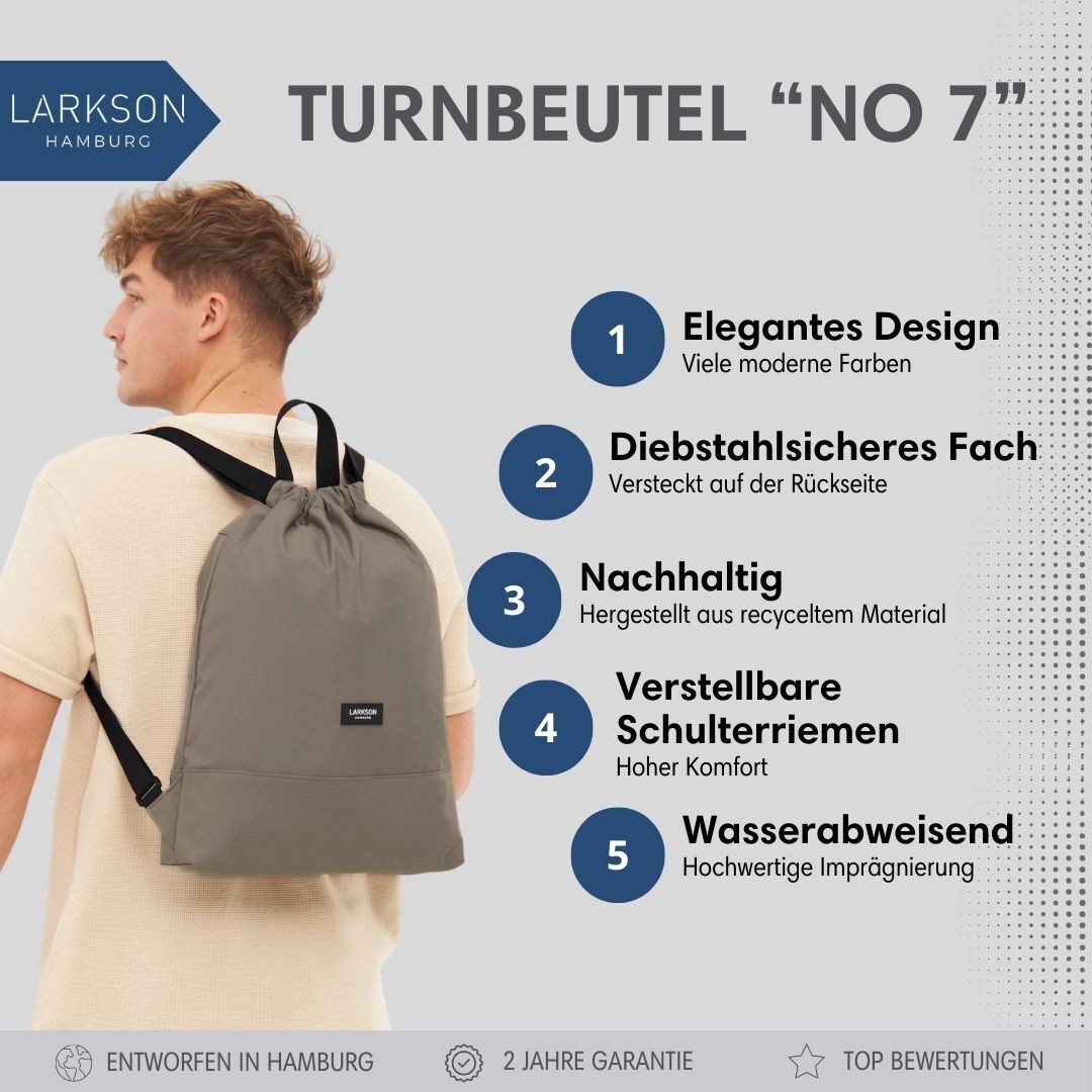 LARKSON Turnbeutel No 7 Turnbeutel Damen Herren (1-tlg), Sporttasche, Anti Diebstahl Seitentasche, Wasserabweisend