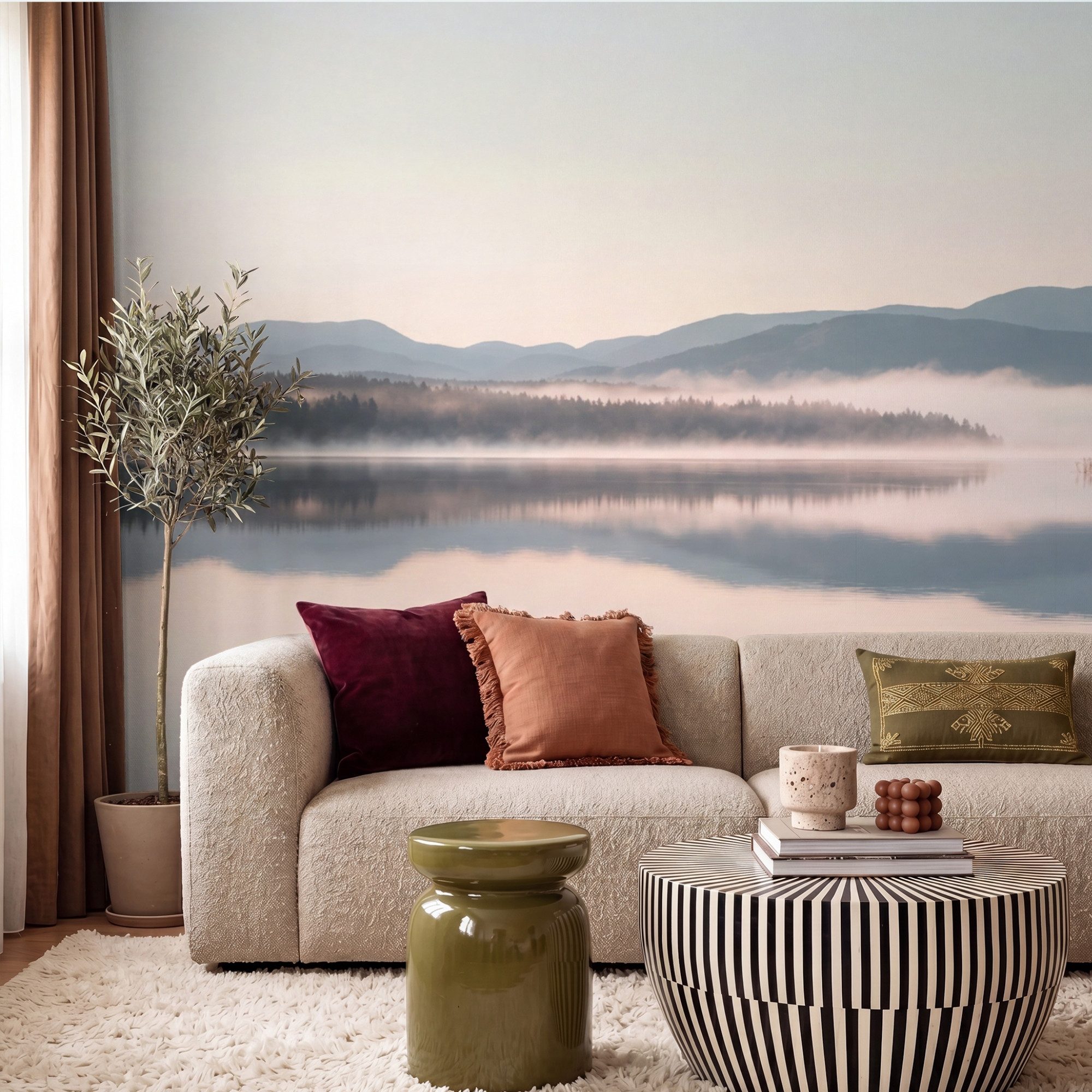 OnlyWow Fototapete Wasser - Bäume - Nebelschicht, Matt, bedruckt, Wanddekoration, Wandtapete, Schlafzimmer 260x220cm