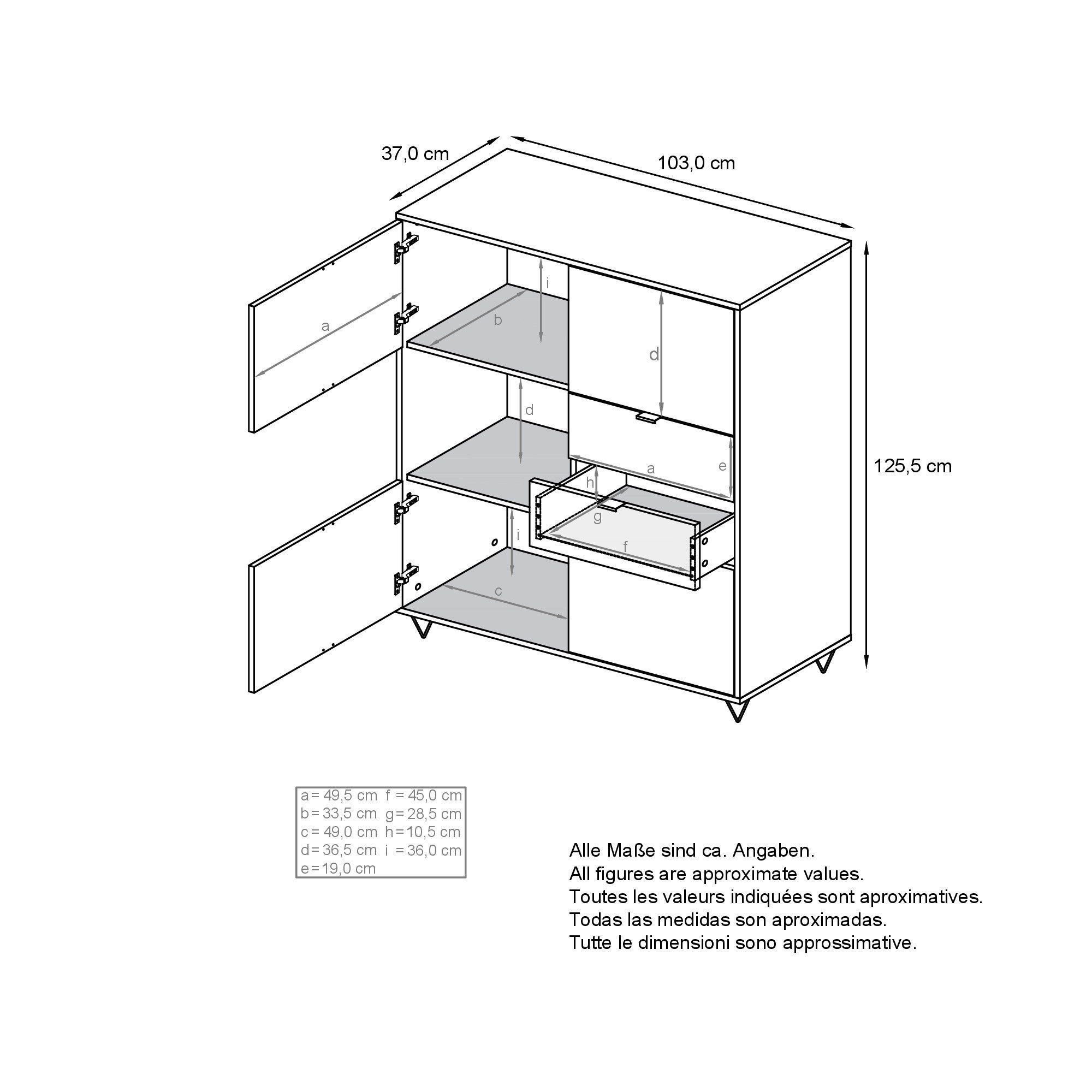 Vladon Highboard Marino V1 (Highboard mit 4 Tür Eiche Evoke, 2 Schubladen Anthrazit matt, Made in Germany), Korpus Anthrazit matt (103 x 125,5 x 37 cm) – Bild 5 von 5