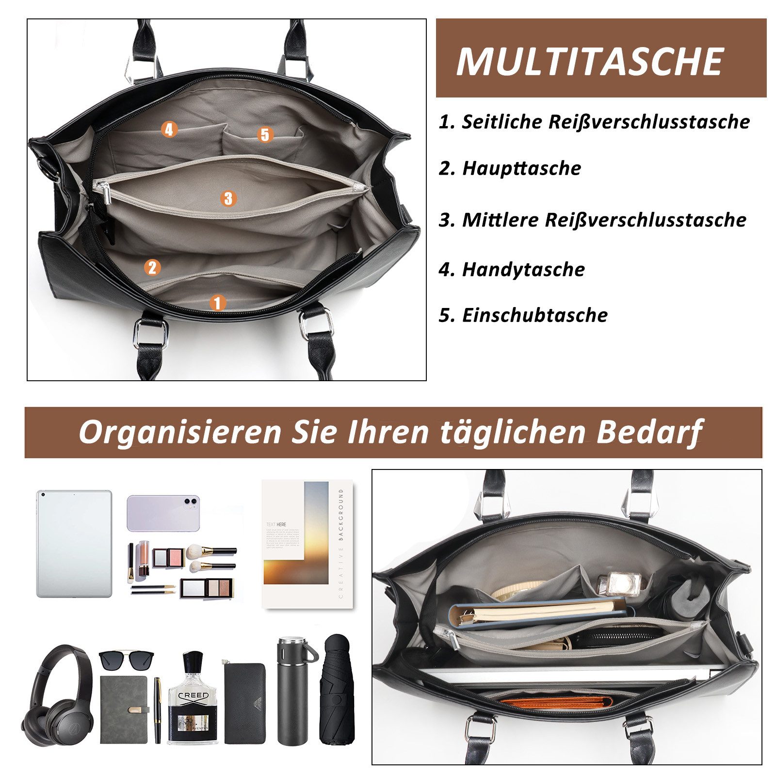 TAN.TOMI Businesstasche Damen Handtasche Große Business Schultertasche Arbeit Schule, Bürotasche Damen Umhängetasche mit 3 Fächern für Büro Schule