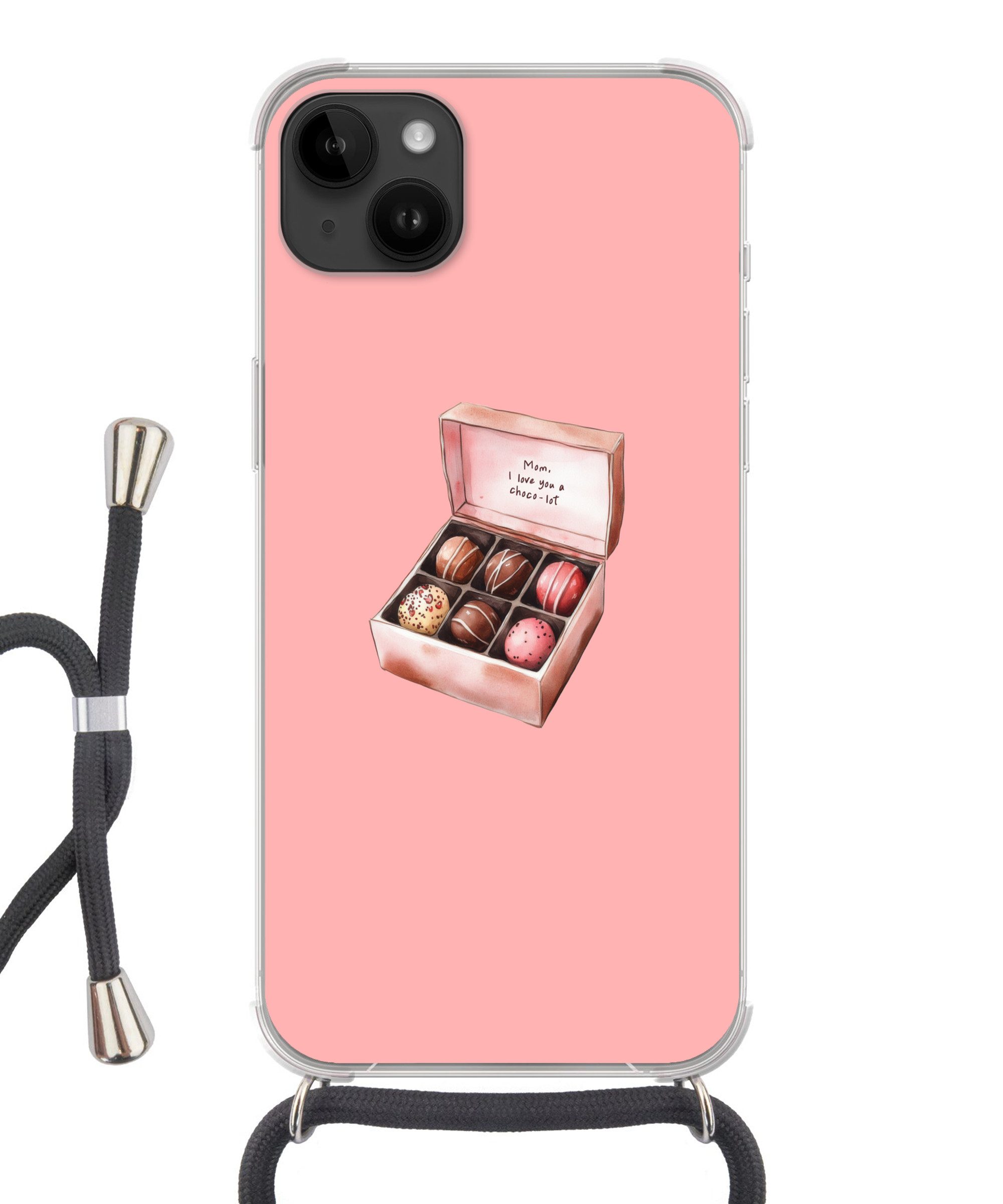 MuchoWow Handyhülle für Apple iPhone 14 Max Schachtel - Bonbons - Liebevoll - Text, Tragbare Handyhüllen mit Kette zum umhängen, Handykette Handyband