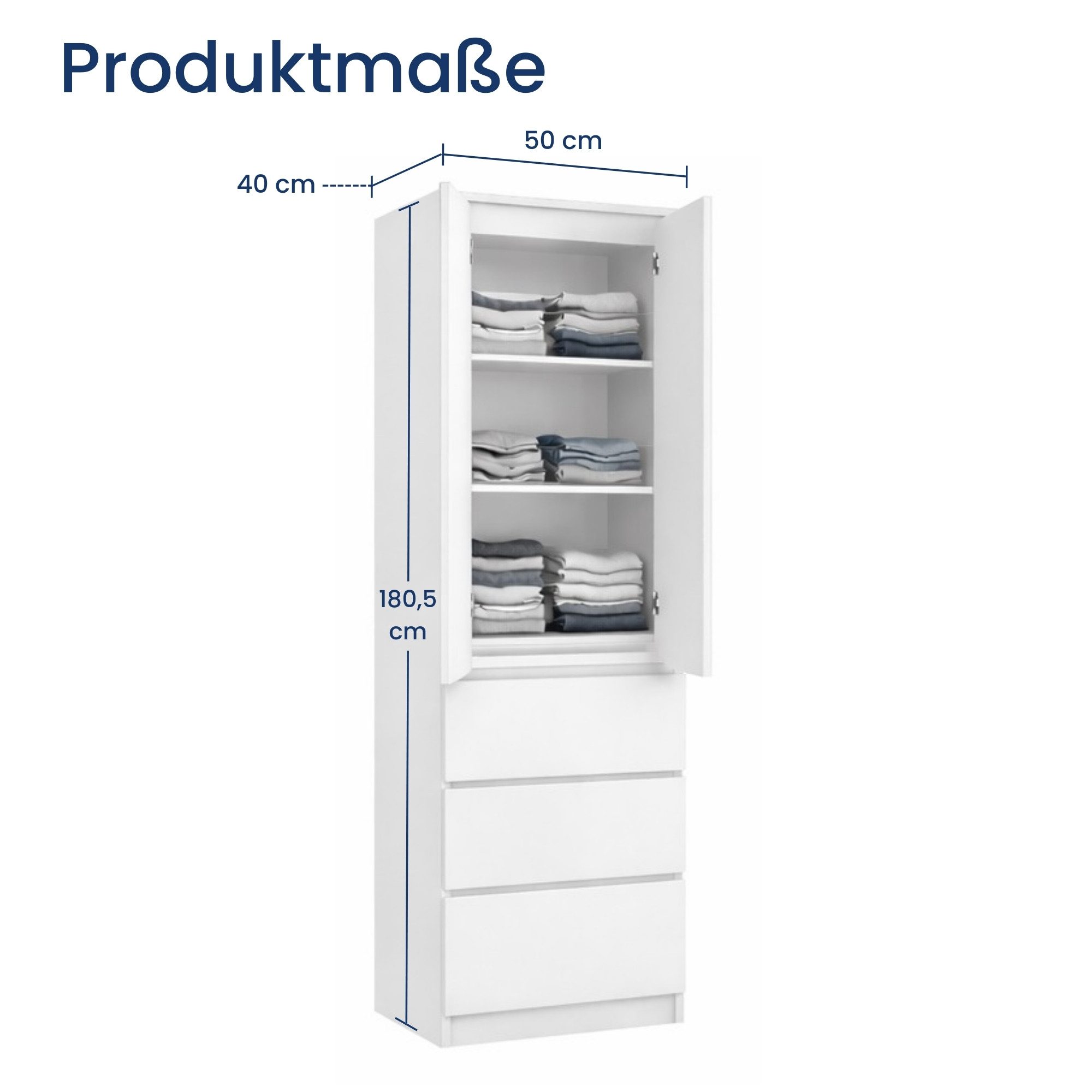 Home Collective Kleiderschrank Garderobenschrank Mehrzweckschrank Schrank platzsparend & vielseitig (50x40x180,5 cm (BxTxH), ideal für Schlafzimmer Flur & Arbeitszimmer) mit 2 Türig 3 Einlegeböden & 3 Schubladen in weiß