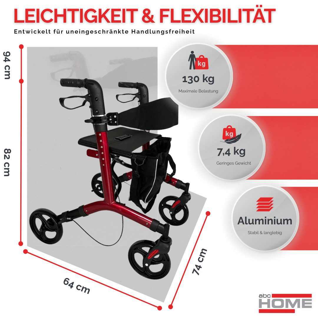 abc HOME Rollator Leichtgewicht 7,3kg Alu, Ankipphilfe, klappbar, bis 130 kg