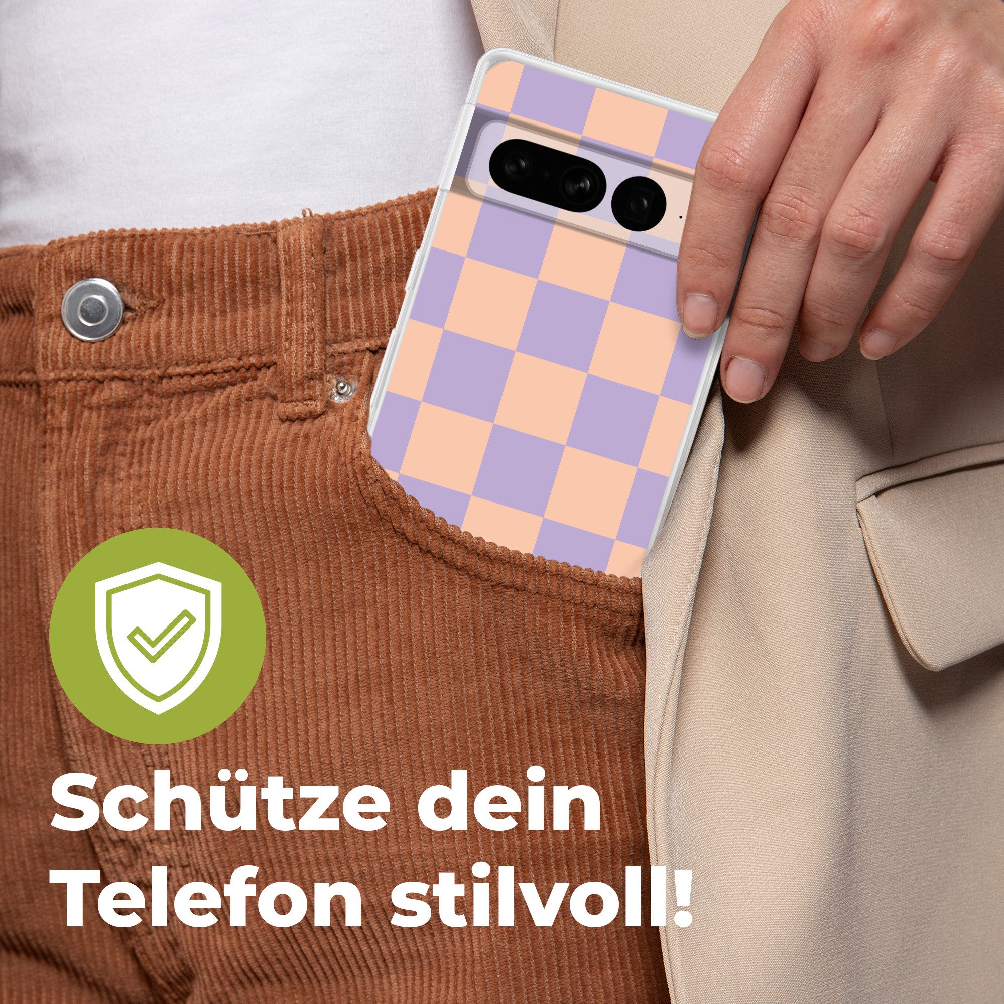 MuchoWow Handyhülle für Google Pixel 7 Pro Schachbrettmuster - Lila - Rosa - Würfel, Phone Case, Silikon, Schutzhülle Dünn