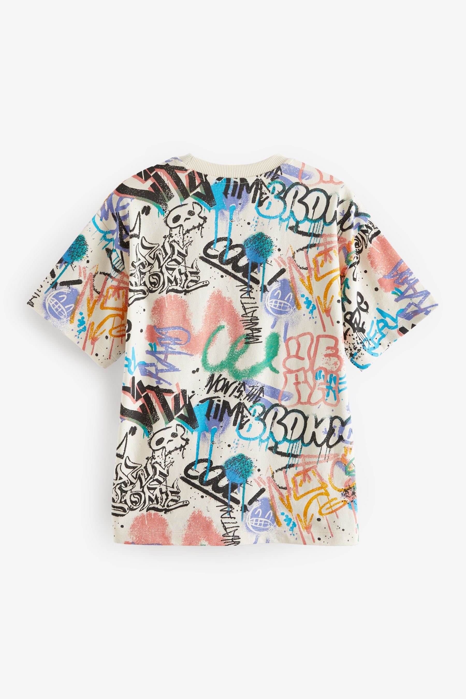 T-Shirt Print durchgehendem (1-tlg) Cream mit Ecru Kurzärmeliges Graffiti Next T-Shirt