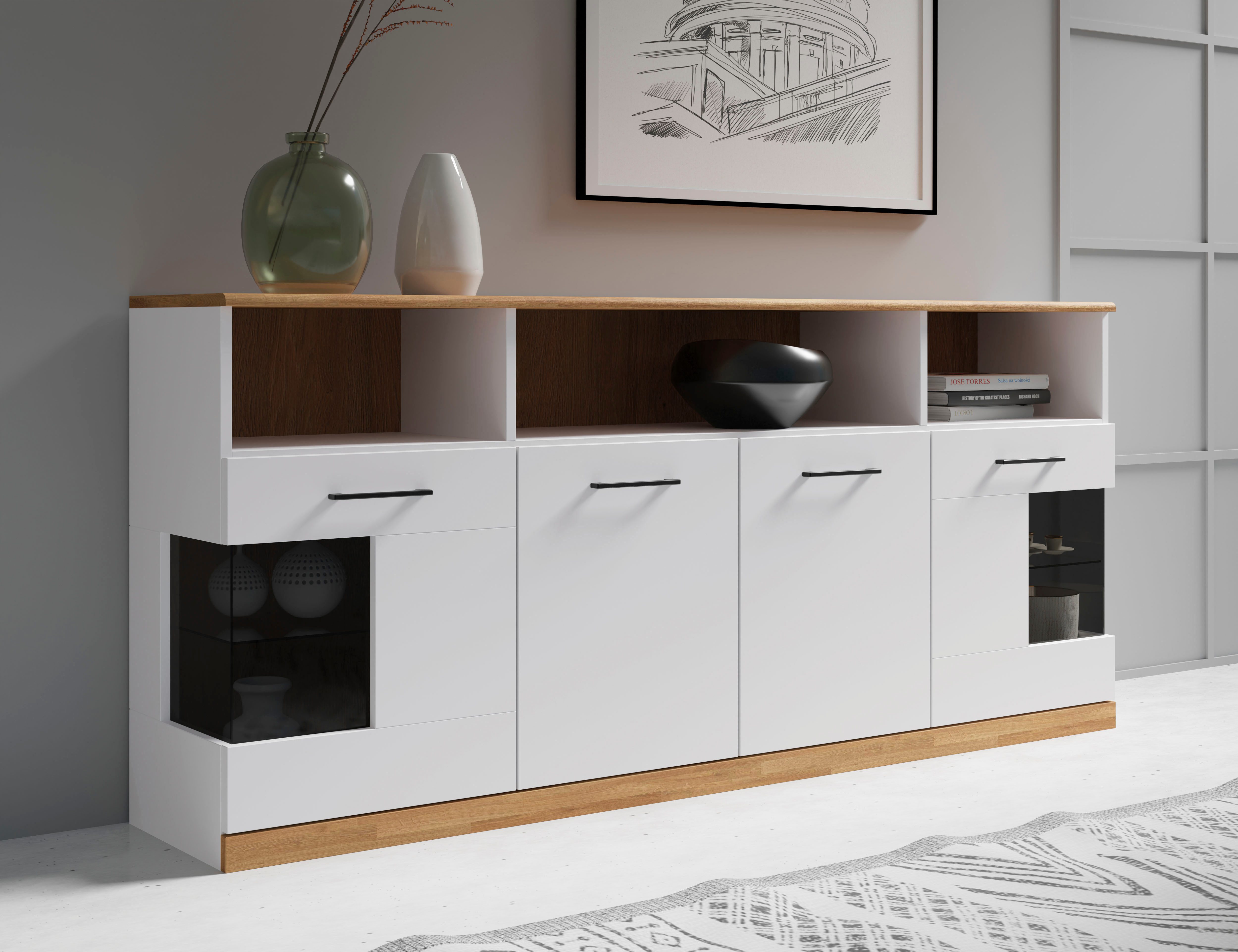 OTTO home Sideboard RIBE20 Fronten massiv,Korpus Melamin, 2 Türen mit Glaseinsatz, B/T/H: 180/35/80cm, schwarze Metall Griffe,2 Türen mit Glaseinsatz