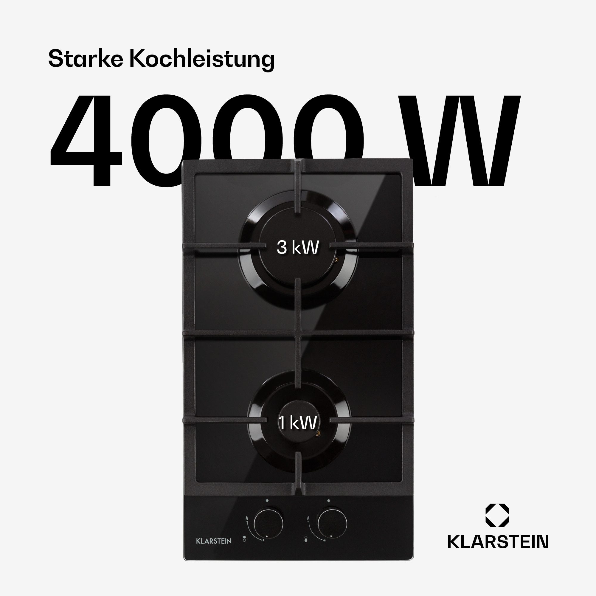 Klarstein Gas-Kochfeld Ignito Domino Gaskochfeld 2-flammig 3kW+1kW Glaskeramik schwarz, Einbau Gas Kochfeld Gasherd 2 Platten Kochplatte Einbaukochfeld