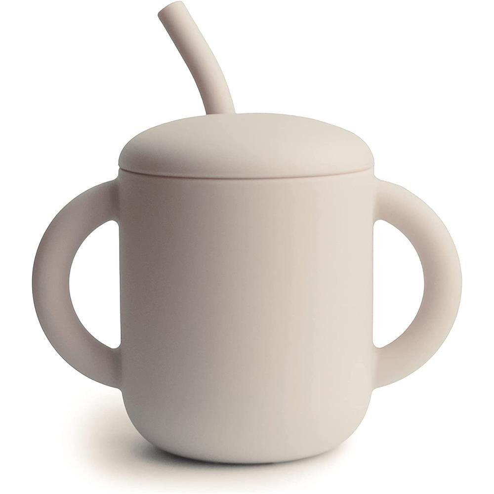 Mushie Kinderbecher Shifting Sand, Trinklernbecher und Trinkhalm aus Silikon, für Kleinkinder ab 6 Monaten, Beige