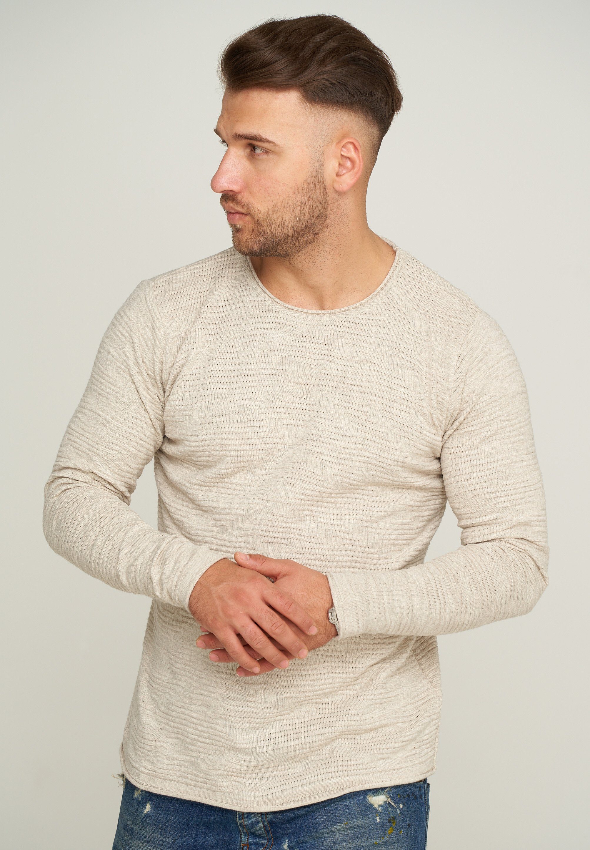 behype Langarmshirt MKBASE90 mit dezentem Muster beige