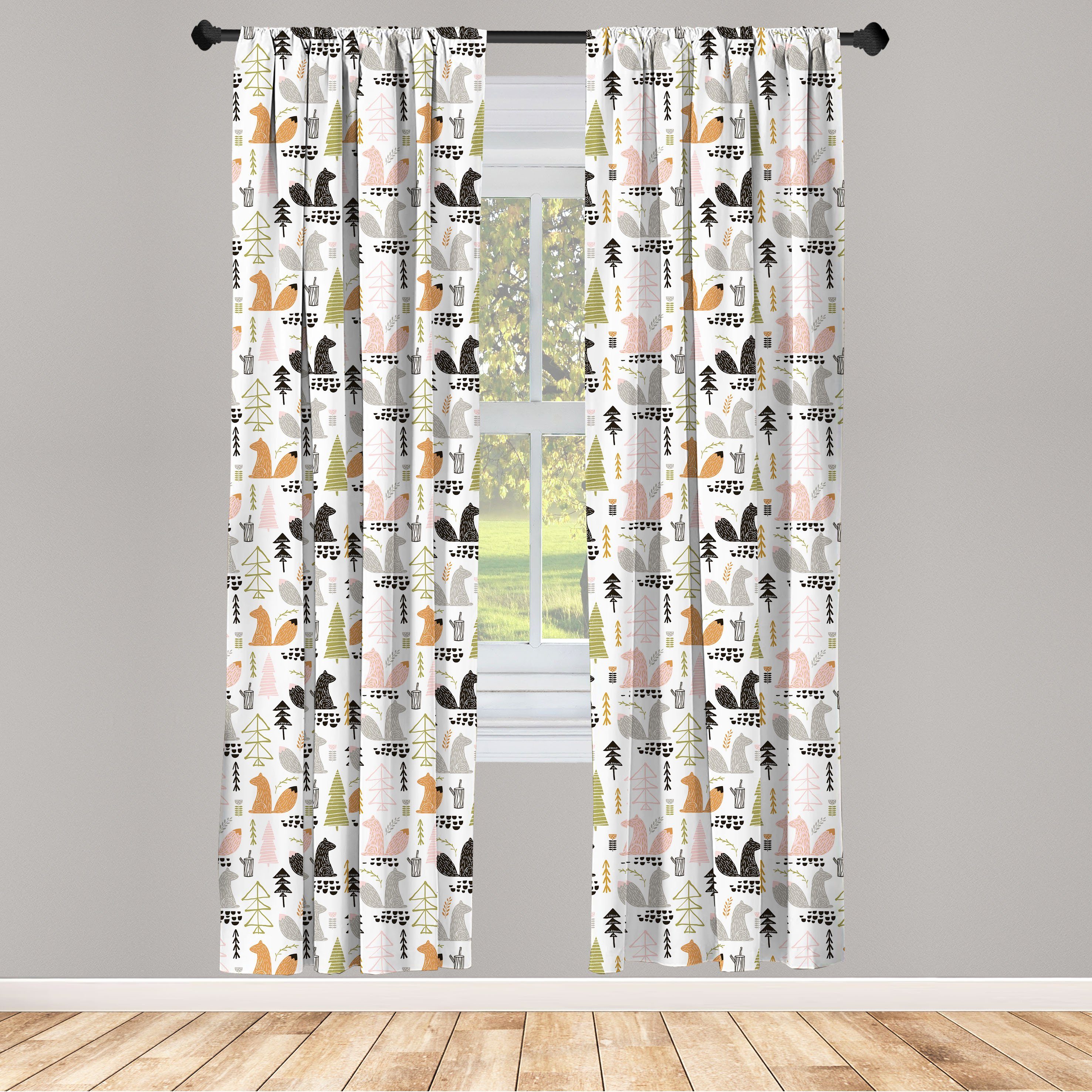 Gardine Gekritzel Microfaser, Abakuhaus, Schlafzimmer Vorhang für Woodland Bäume Dekor, Eichhörnchen Wohnzimmer