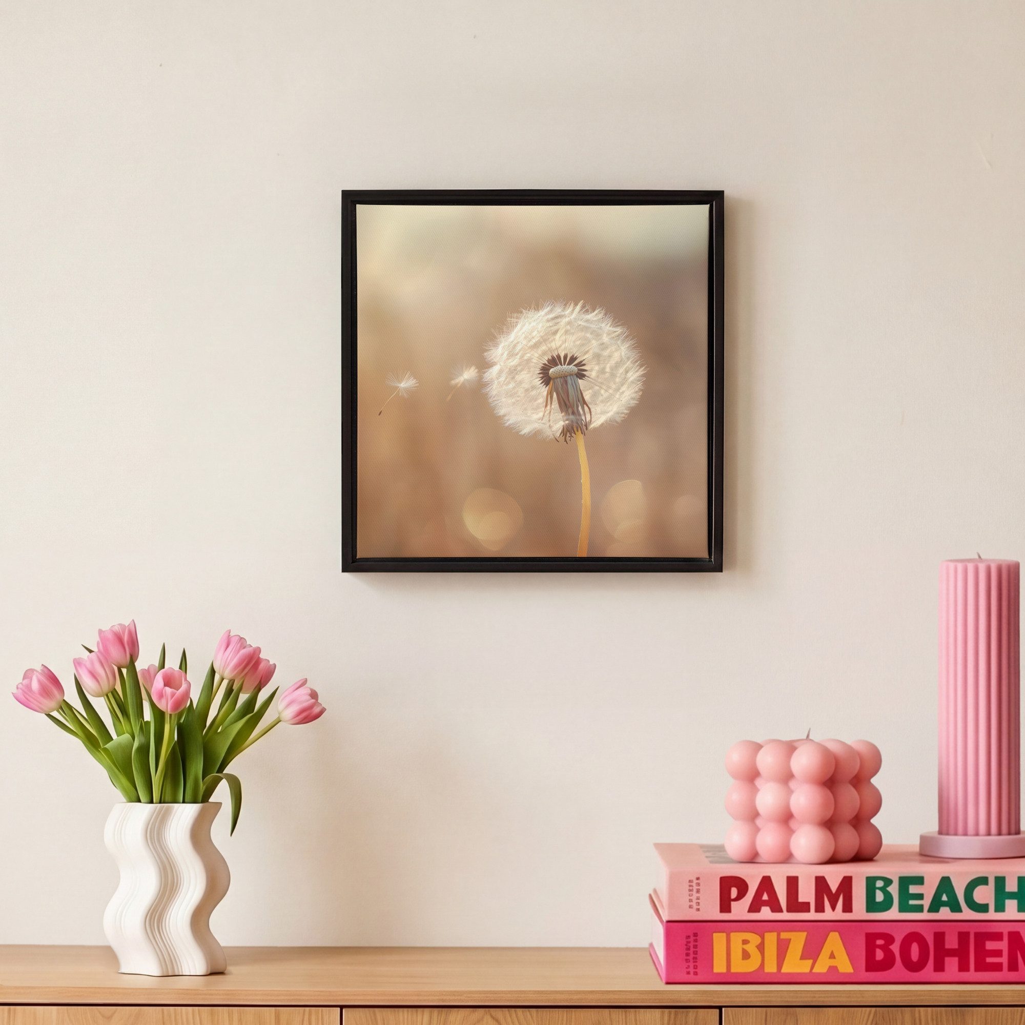 OneMillionCanvasses® Leinwandbild mit Rahmen - Löwenzahn - Beige - Natur - Blume, Fotodruck (1 St), Leinwand Bilder Klein, Wand Dekoration Aesthetic 20x20cm – Bild 4 von 5