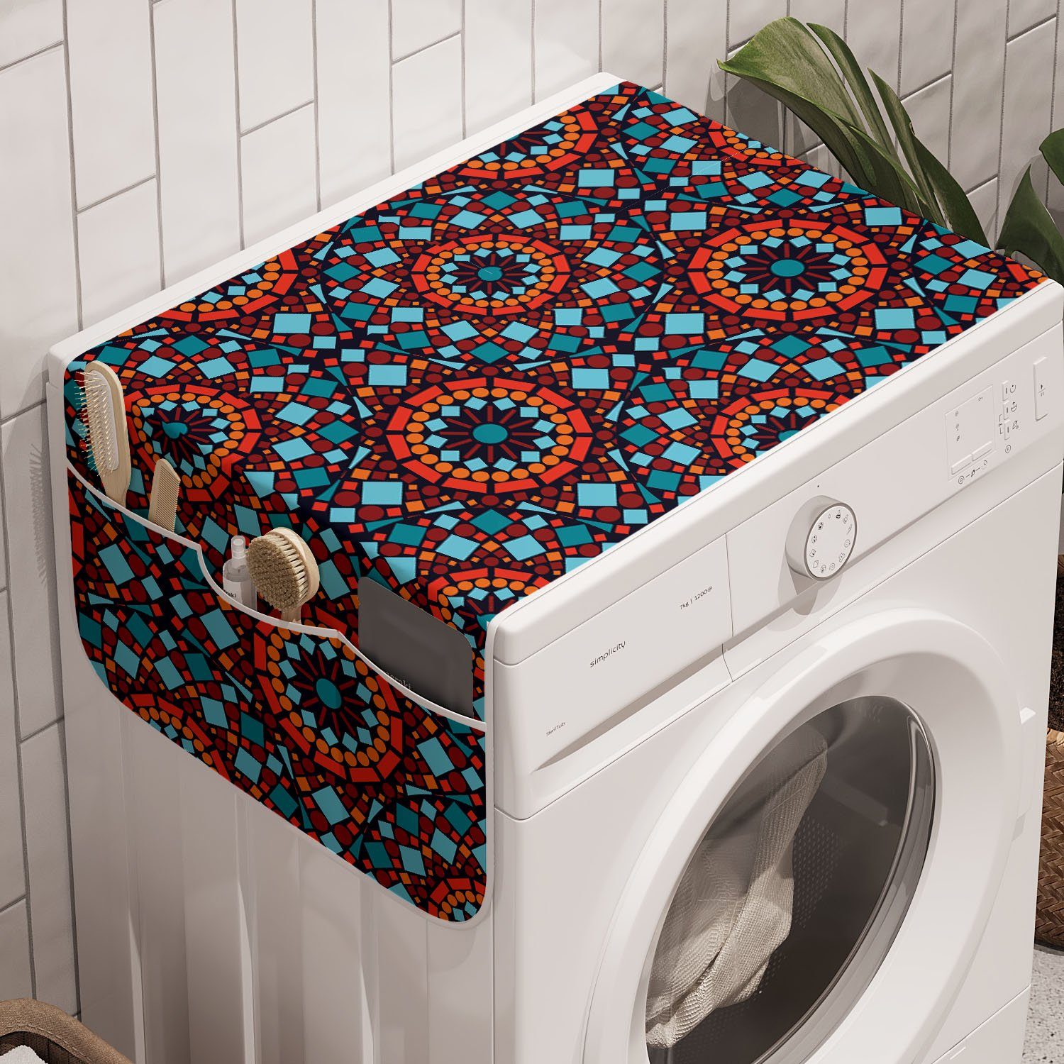 Abakuhaus Badorganizer Anti-Rutsch-Stoffabdeckung für Waschmaschine und Trockner, Orange Mandala Geometrische Volkskunst