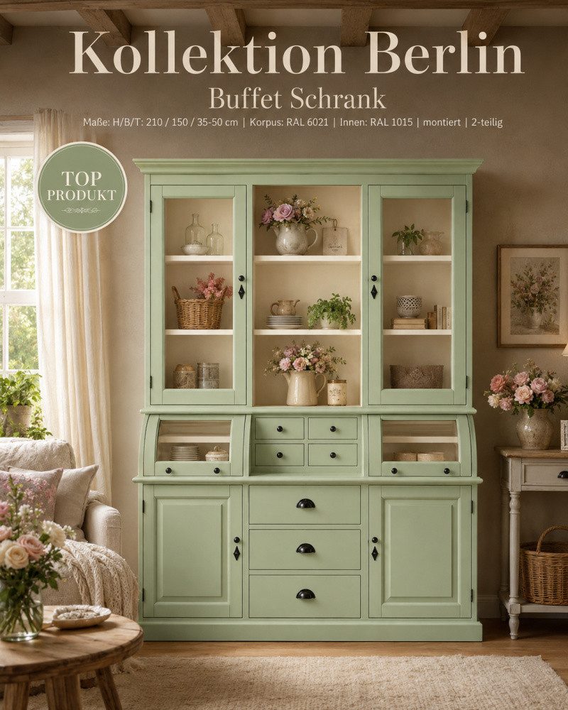 Wohnpalast Buffet Buffet Schrank Berlin Blassgrün 150 cm im Landhausstil Kopie
