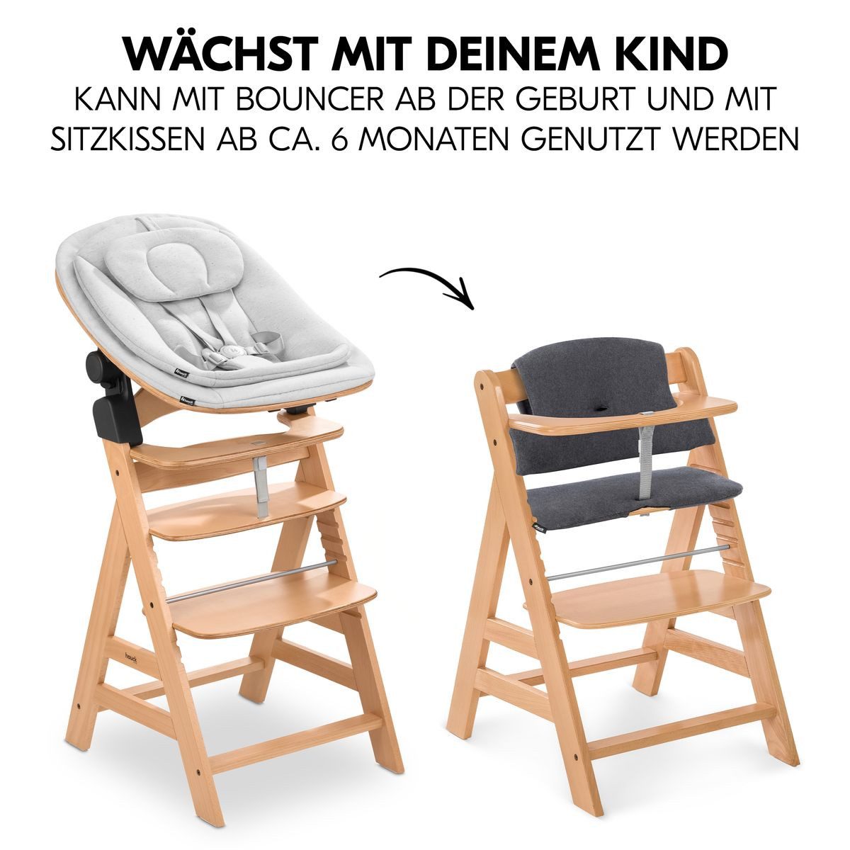 Hauck Hochstuhl Alpha Plus Natur Newborn Set Eco - Light Grey (Set), Holz Babyhochstuhl ab Geburt inkl. Neugeborenenaufsatz & Sitzauflage