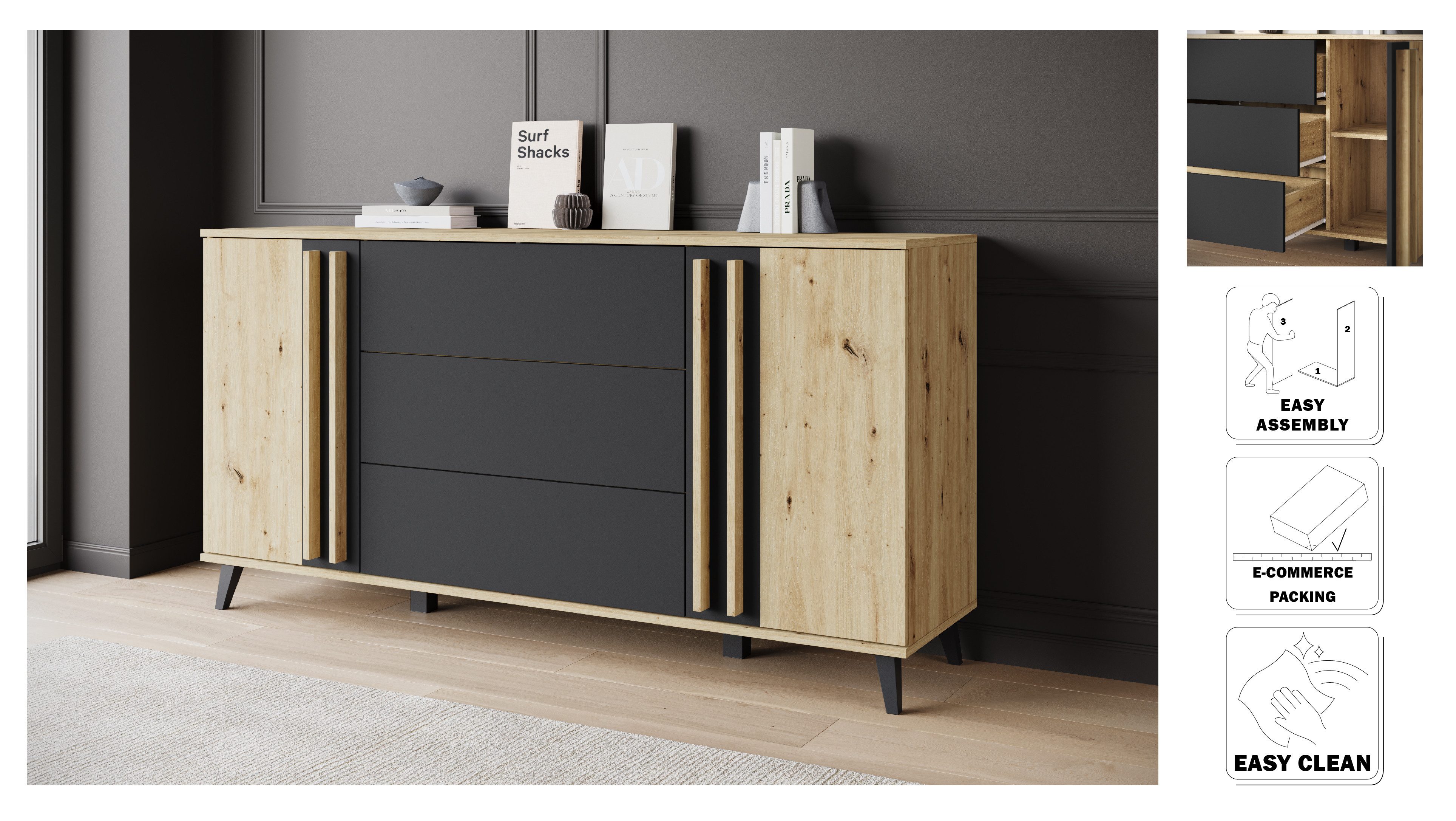 Home affaire Sideboard Helsinki, Kommode mit 2 Türen und 3 Schubladen, Breite 150 cm (1 St), Push-to-Open-Schubladen, höhenverstellbare Einlegeböden