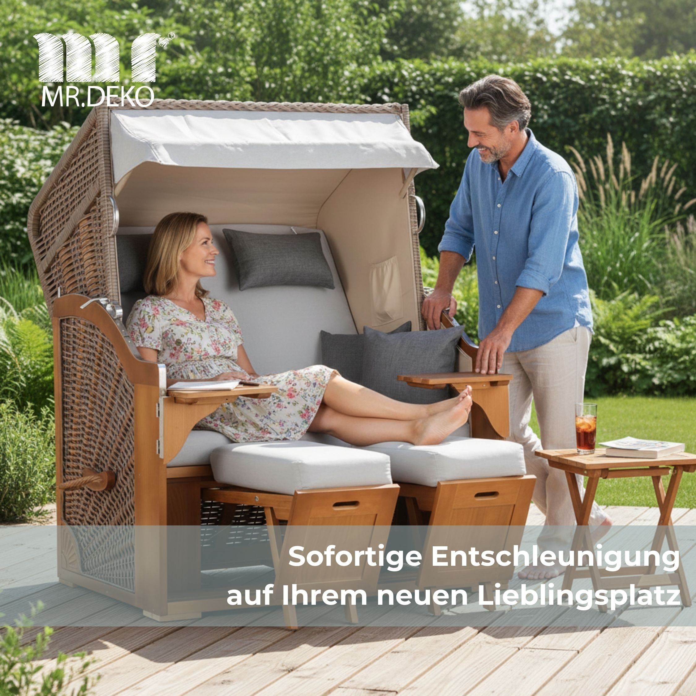 MR.DEKO Strandkorb 2-Sitzer Schleswig Pinie Braun PE Mokka, aufgebaut geliefert, BxTxH: 120x80x160 cm, 2-Sitzer, Schleswig, (Zweisitzer Strandkorb mit Bistrotischen & Fußstützen), Bereits montiert, UV-beständig, Volllieger & Edelstahl-Beschläge