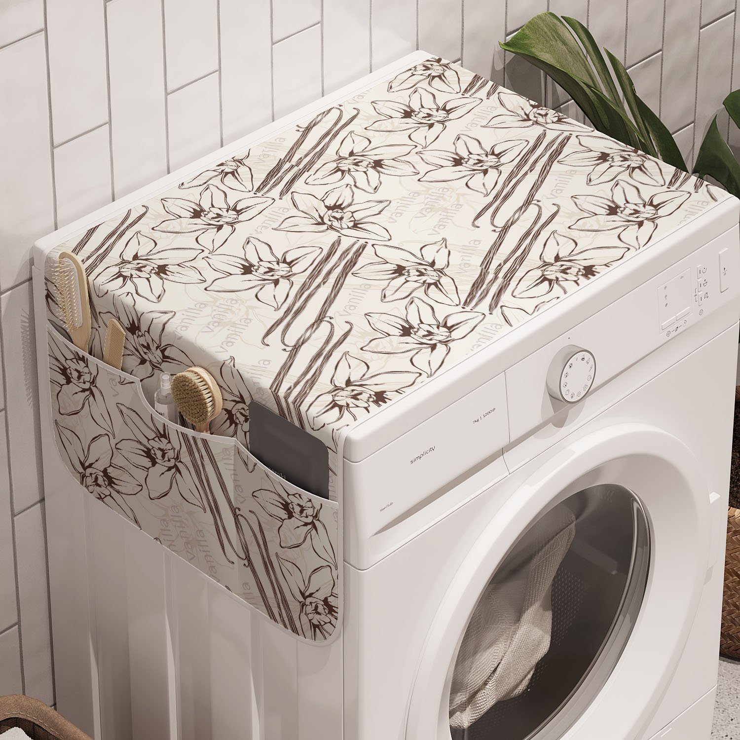 Abakuhaus Badorganizer Anti-Rutsch-Stoffabdeckung für Waschmaschine und Trockner, Vanille Pods und Blumen mit Text