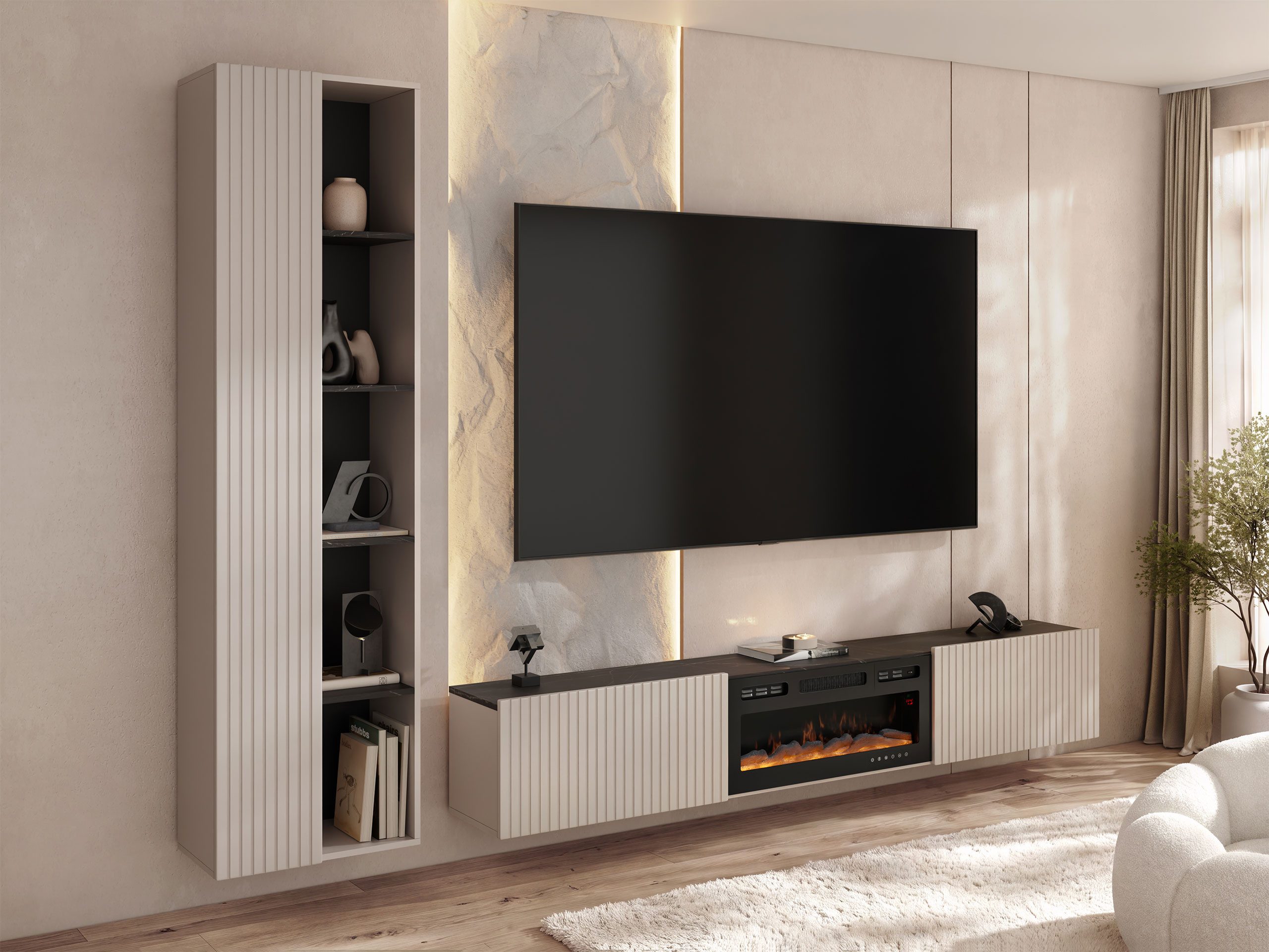 MIRJAN24 Wohnwand Helotis mit Kamin, (2er-Set, TV-Lowboard, Hochvitrine), Realistische LED-Flamme, Griffloses Öffnungssystem