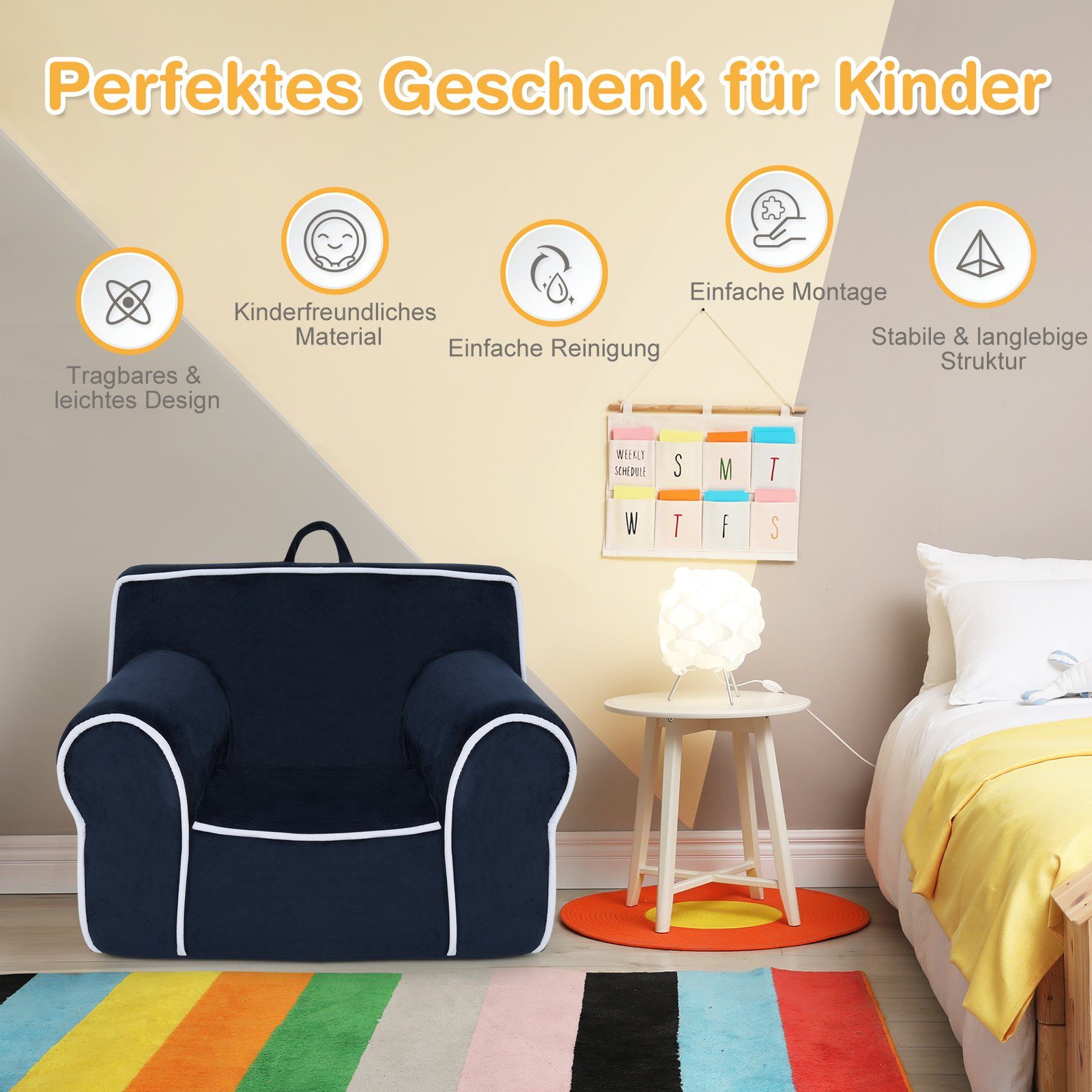 COSTWAY Kindersofa, Armlehne&Handgriff, mit gepolstert, 68x46x50cm Marineblau