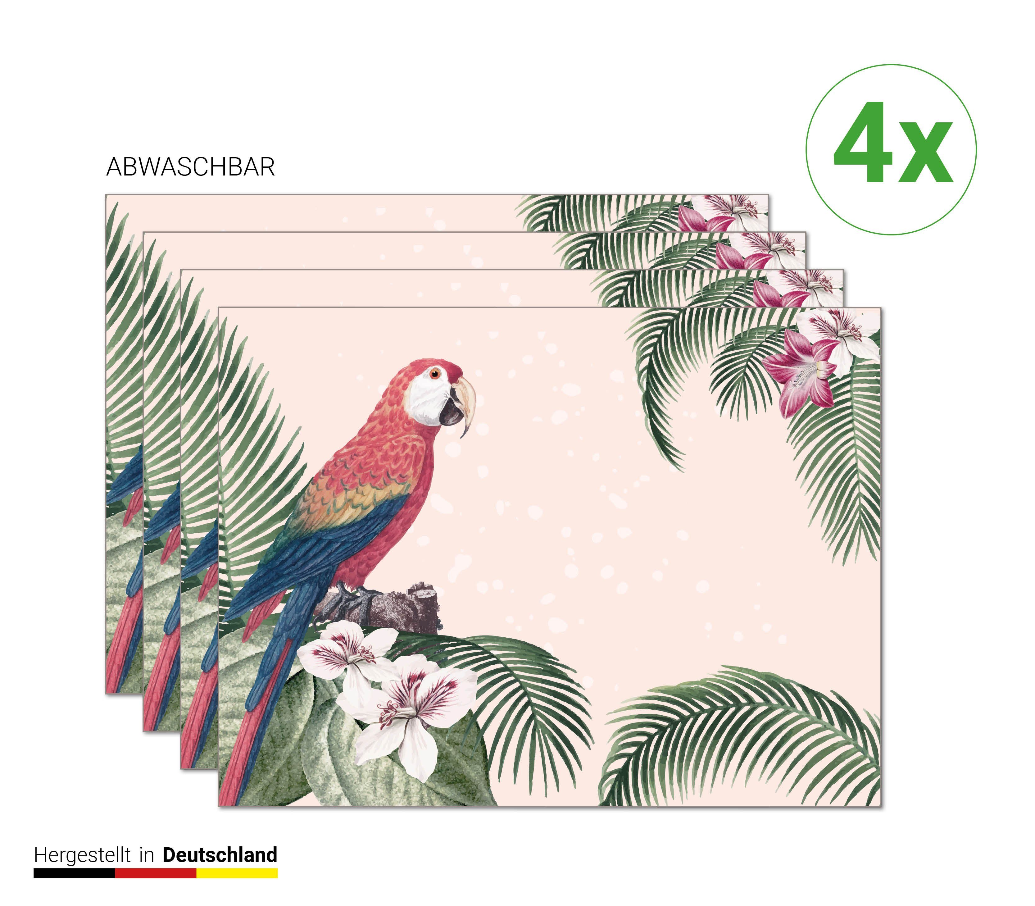 Platzset, Tischset, Platzset abwaschbar - Papagei mit Hibiskus und Palmen -  4 Stück aus erstklassigem Vinyl (Kunststoff) 40 x 30 cm, Tischsetmacher, (4- St)