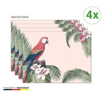 Platzset, Tischset, Platzset abwaschbar - Papagei mit Hibiskus und Palmen - 4 Stück aus erstklassigem Vinyl (Kunststoff) 40 x 30 cm, Tischsetmacher, (4-St)