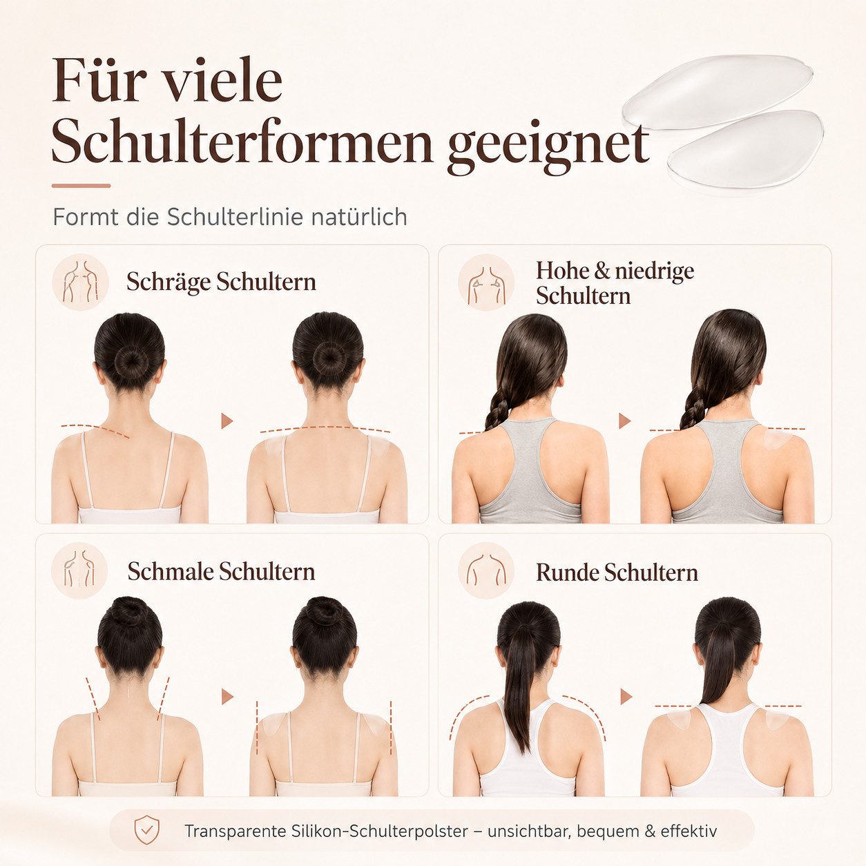 VEKROBOT Schulterpolster 1 Paar ultradünne Silikon Schulterpolster für Damen natürlich bequem, Unisex Selbstklebende Schulterpolster für schräge Schultern – Bild 4 von 5