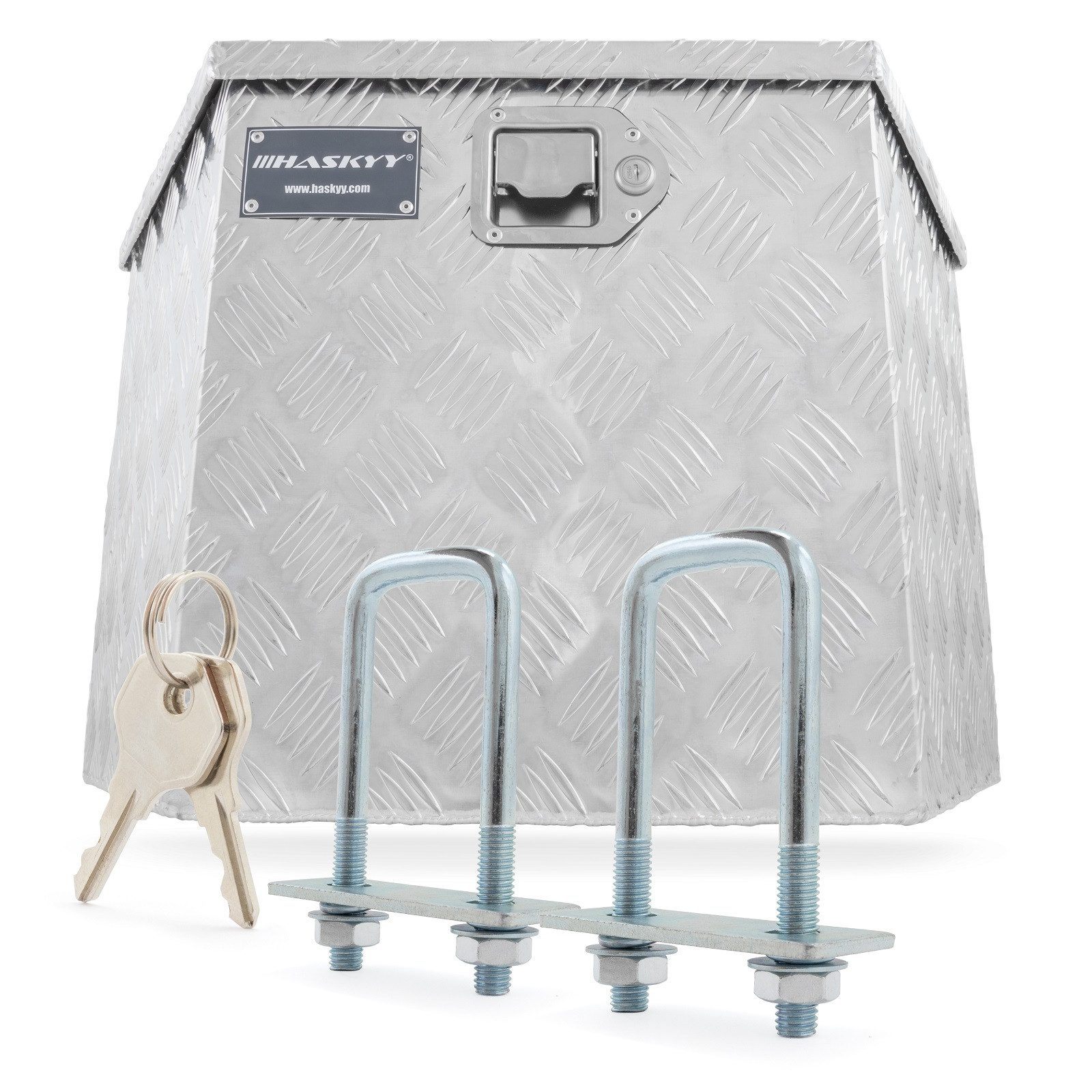 HASKYY Heckbox Transportbox Anhängerbox Aluminiumbox 38x70x28,5x42 cm Trapez Deichsel