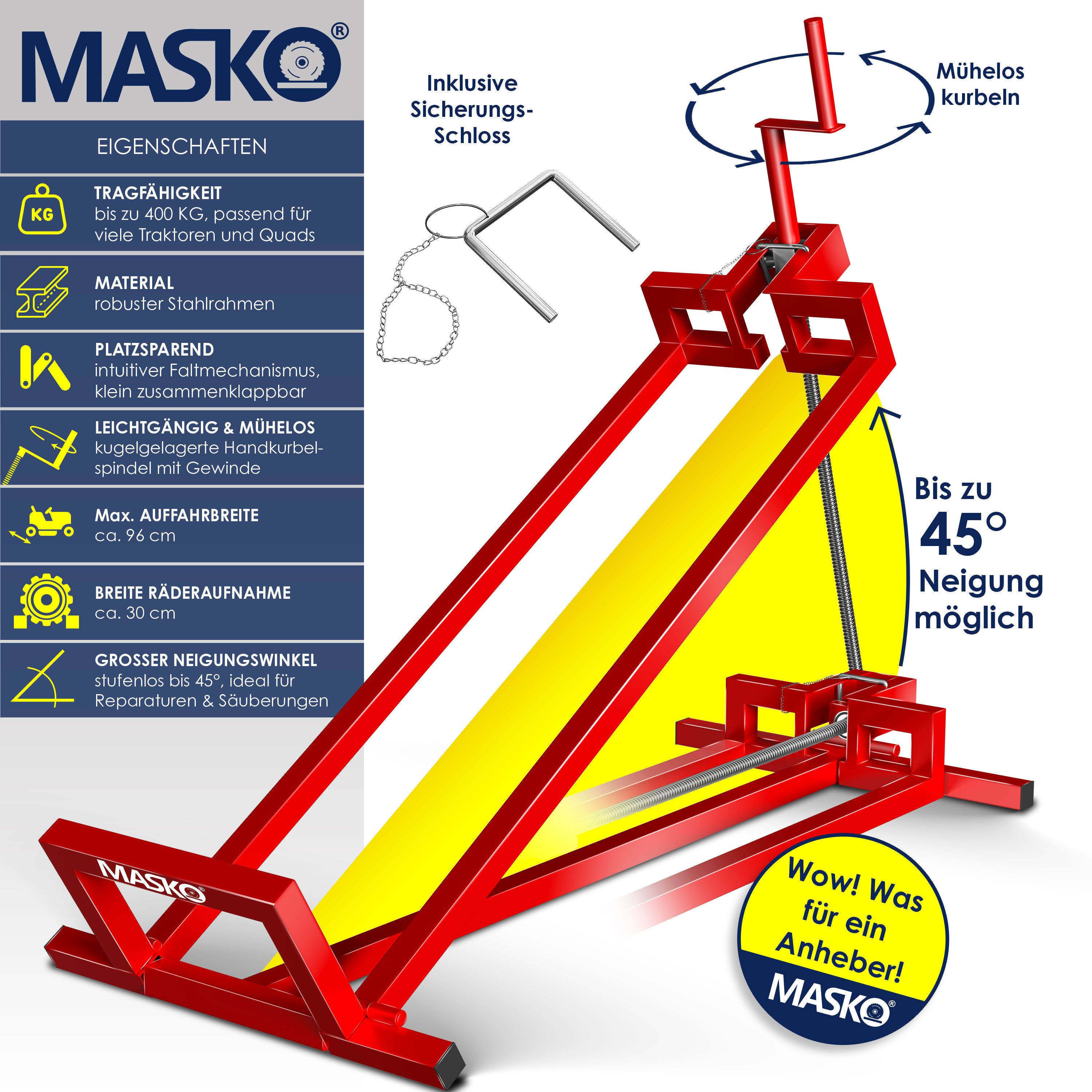 MASKO Rasentraktor Heber 450kg Hebevorrichtung für Aufsitzmäher inkl. Bürste, Rasentraktorheber, universelle Reinigungshilfe, Hebebühne für Quad
